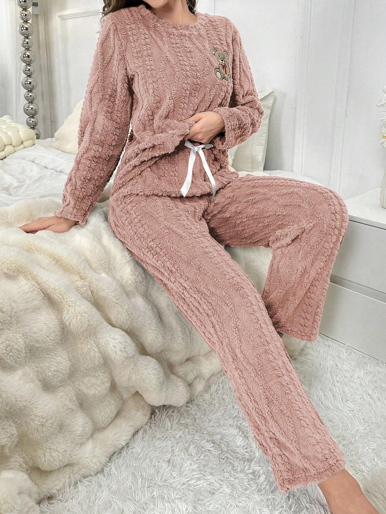 Bear Patched Flannel PJ Set / Pajama Set Dusty Pink