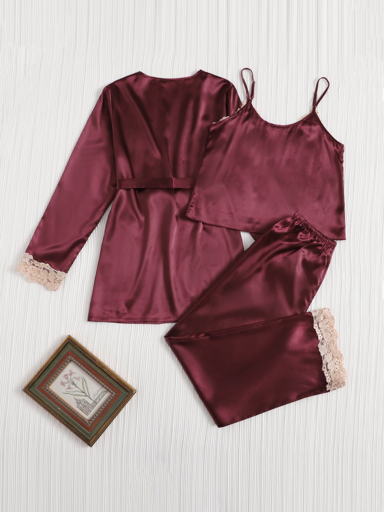 3pcs Embroidered Mesh Trim Belted Satin PJ Set