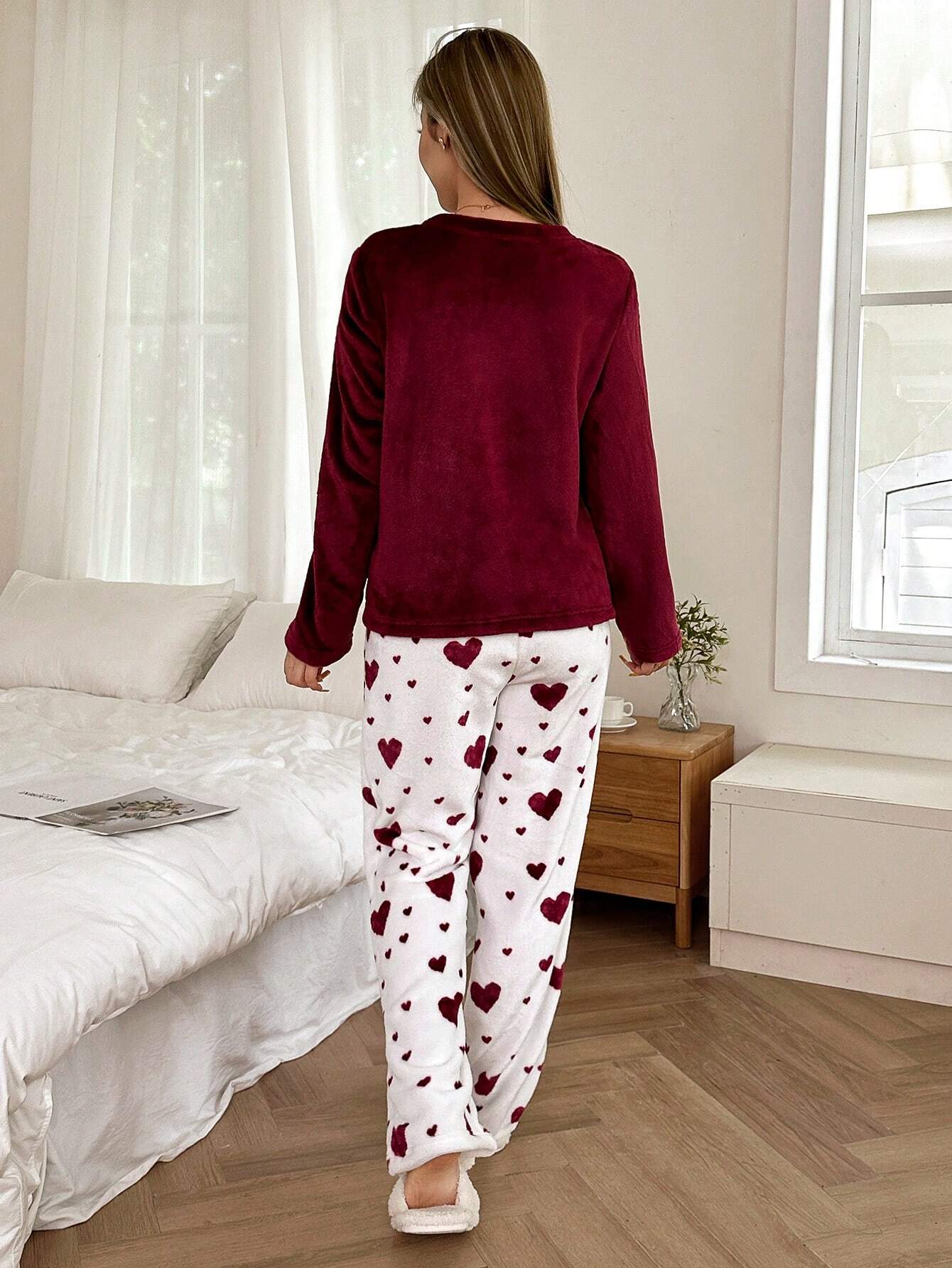 Dream Adore Heart-Shaped Flannel Long Sleeve &amp; Pants Pajama Set