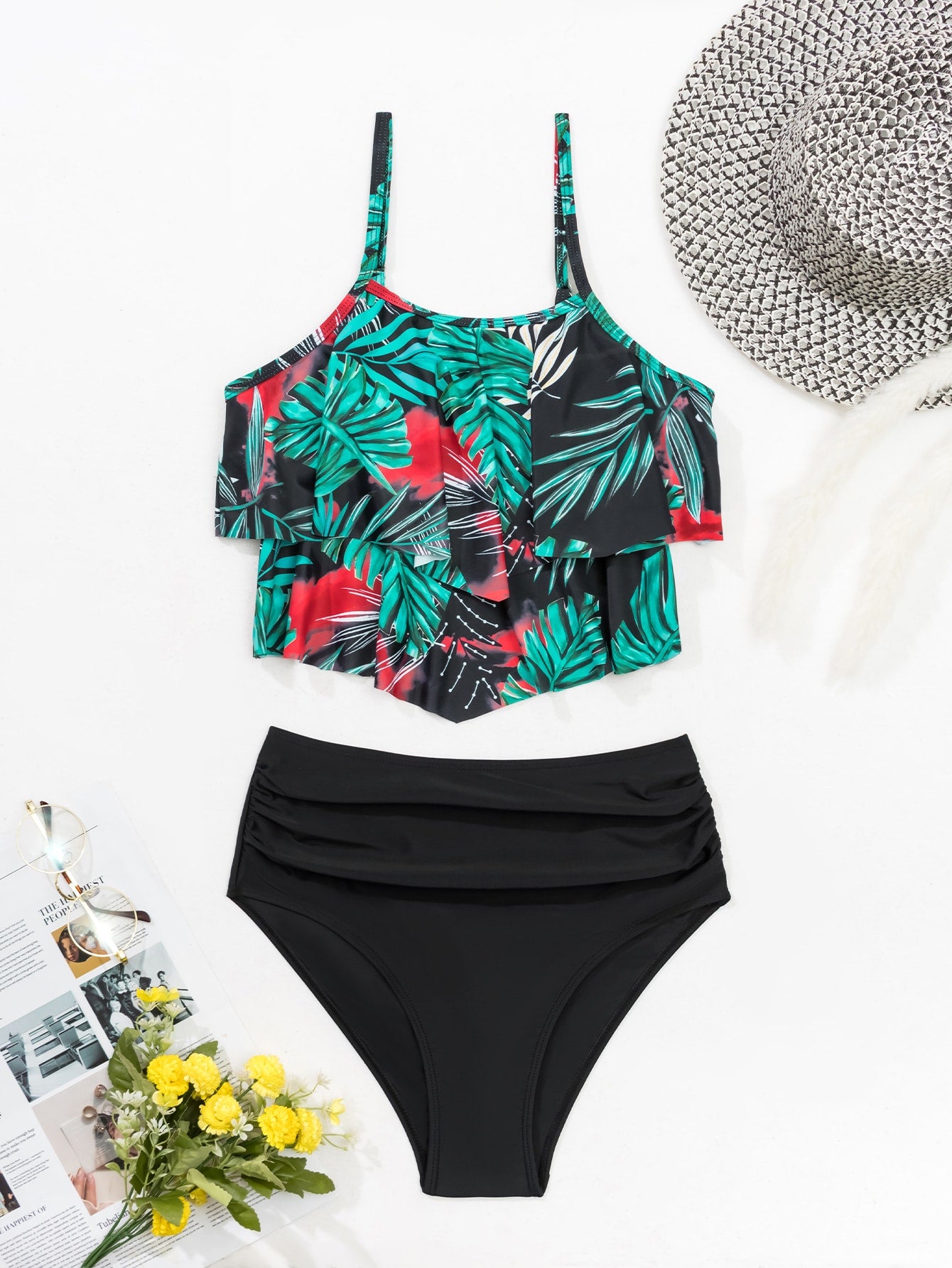 SHEIN Swim Vcay Ruffle Hem Ruched Bikini Swimsuit
