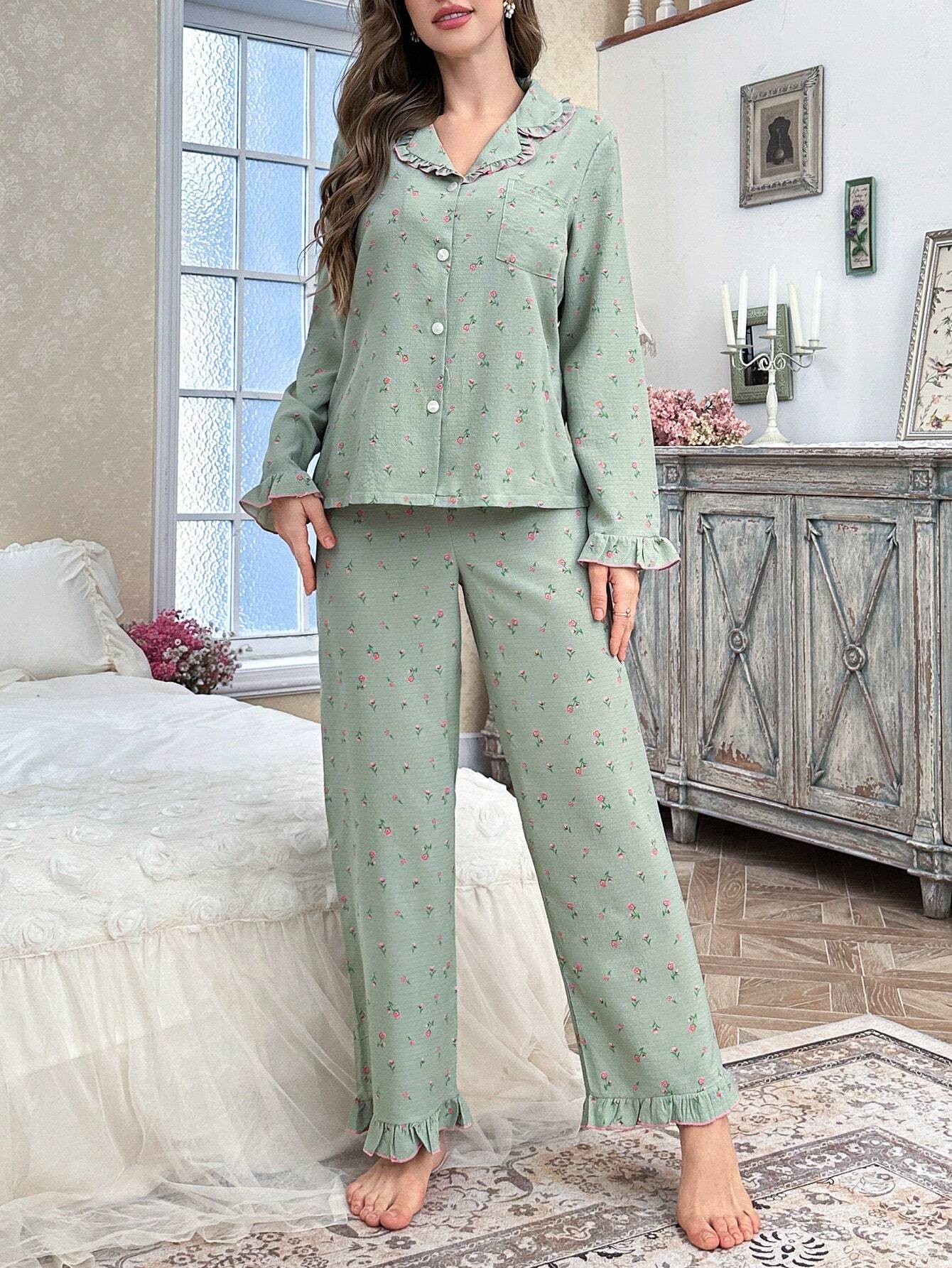 CottageSlumber Ditsy Floral Bubble Ruffle Collar Button-Front Long Sleeve Pajama Set