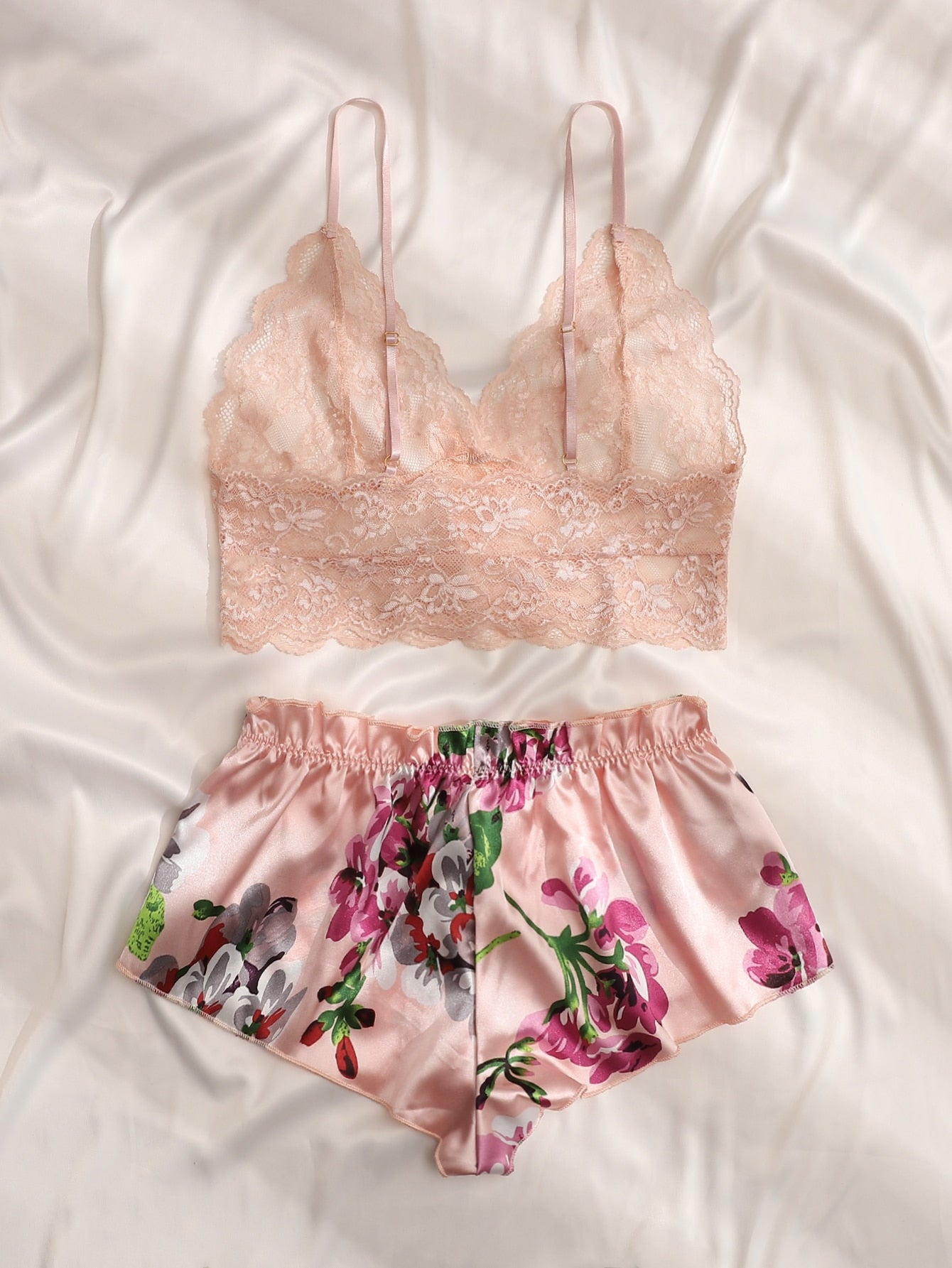 Floral Lace Bralette With Floral Shorts