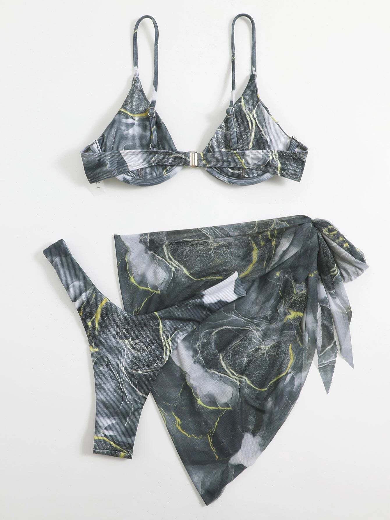 Swim Vcay Marble Print Ribbed Bikini Set Underwire Cami Bra &amp; Cheeky Bottom &amp; Beach Skirt 3 Piece Bathing Suit