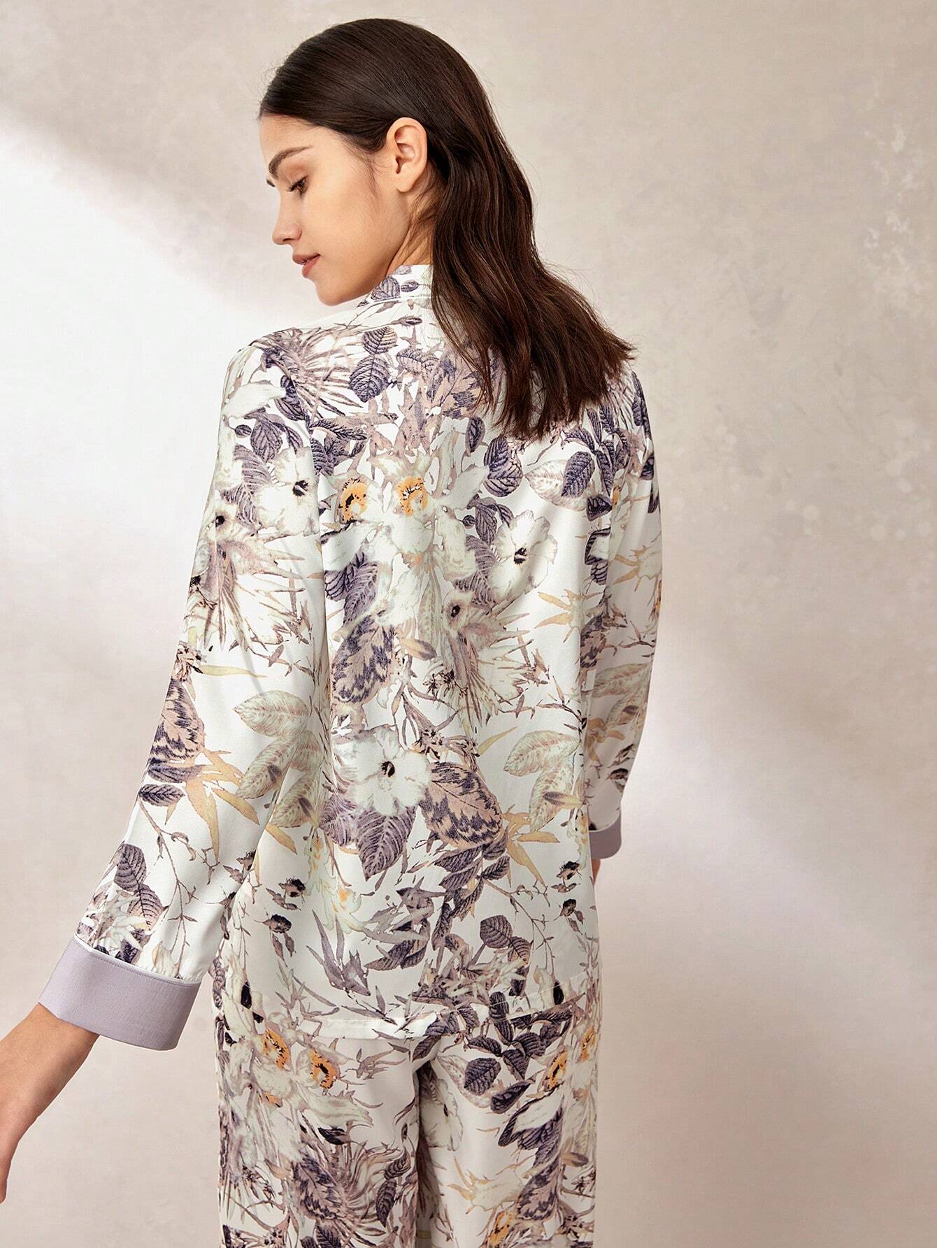 LUVLETTE Chinese Ink Painting Flora Print Satin Long Women Pajama Sets