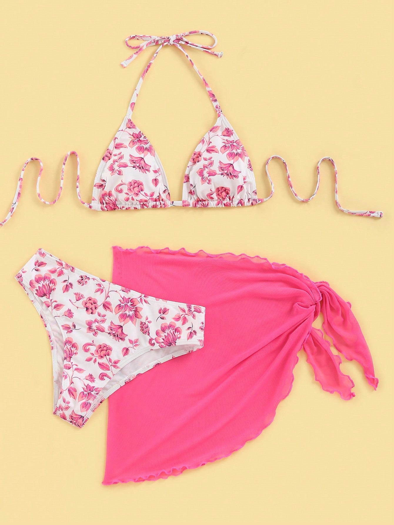 SHEIN Swim Mod Floral Print Halter Triangle Bikini Swimsuit With Beach Skirt