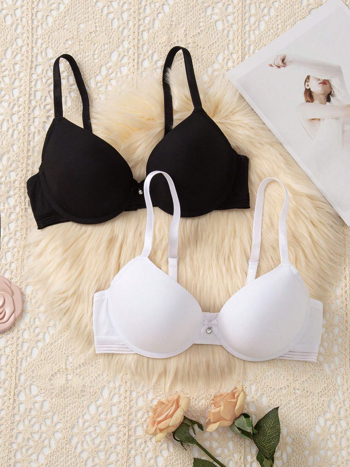 2pcs Solid Underwire Bra Black & White