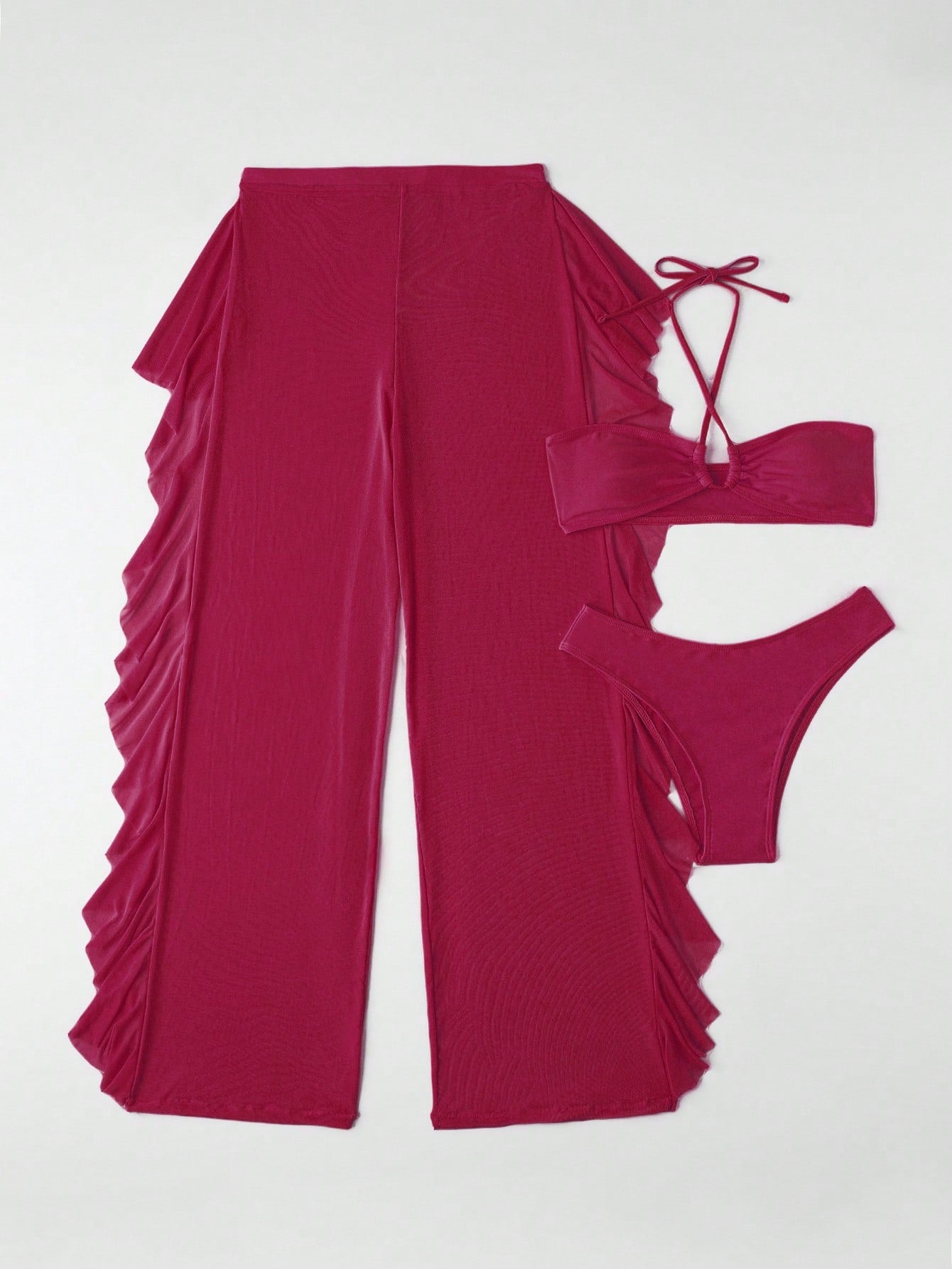 SHEIN Swim SXY Mono Bikini Set Crisscross Halter Wireless Bra Top &amp; High Cut Bikini Bottom &amp; Mesh Cover Up Pants 3 Piece Swimsuit