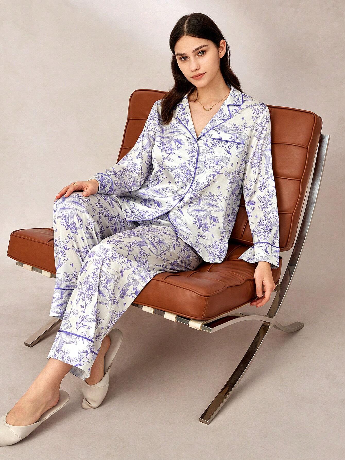 LUVLETTE Floral Pattern Satin Long Pajama Sets