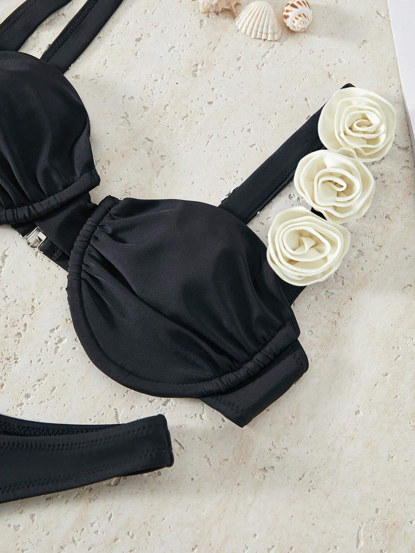 Bikinx Women's Solid Color Underwire Bikini Three-Dimensional Flower Sexy Split Bikini