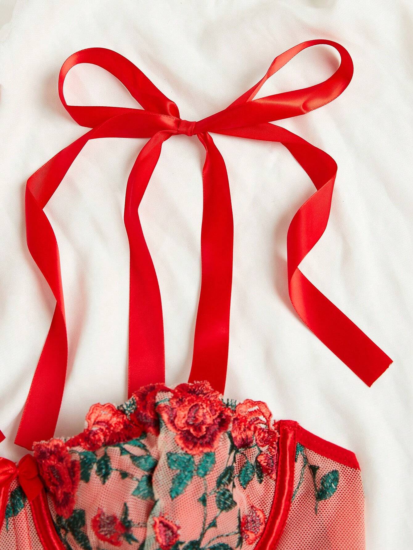 Floral Embroidery Mesh Overlay Tie Shoulder Cami Top Lingerie