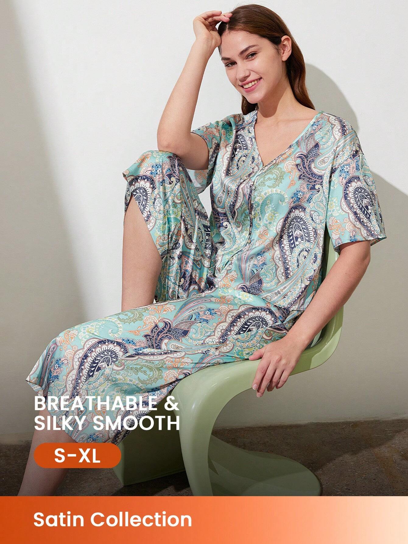 LUVLETTE Paisley Print Satin Top And Long Pant Women Pajama Set