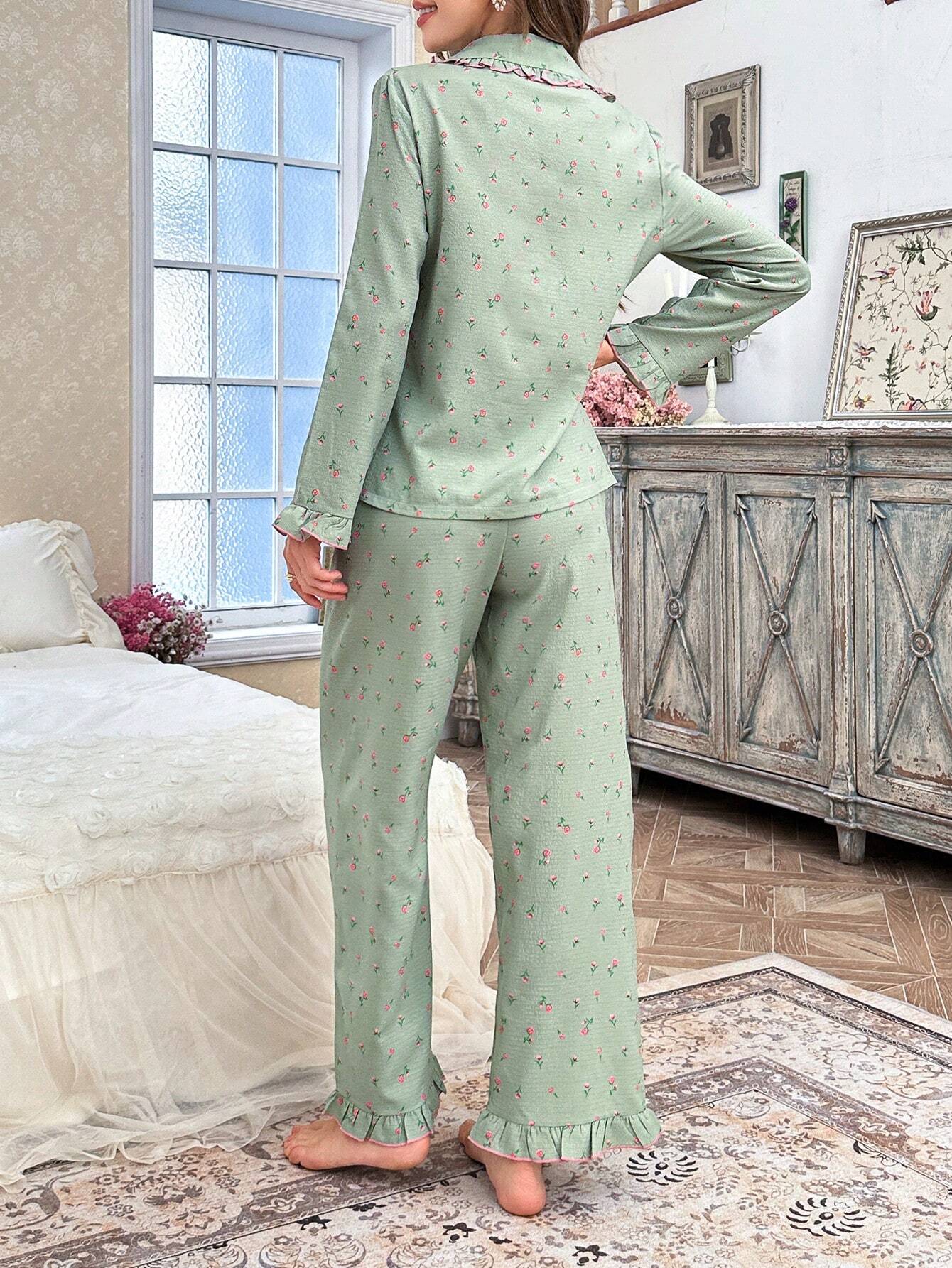 CottageSlumber Ditsy Floral Bubble Ruffle Collar Button-Front Long Sleeve Pajama Set