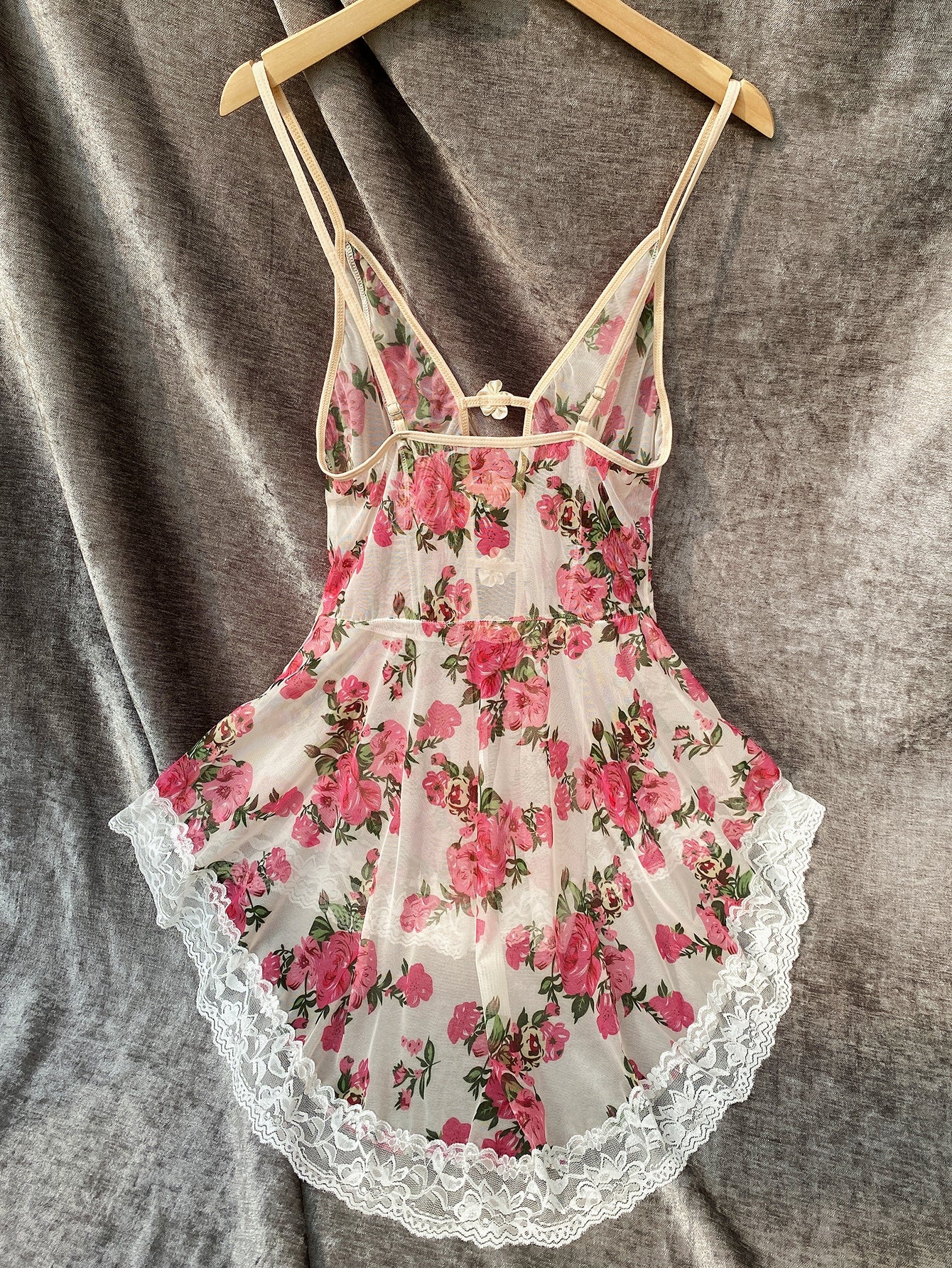 Floral Print Contrast Lace Stereo Flower High Low Mesh Nightdress