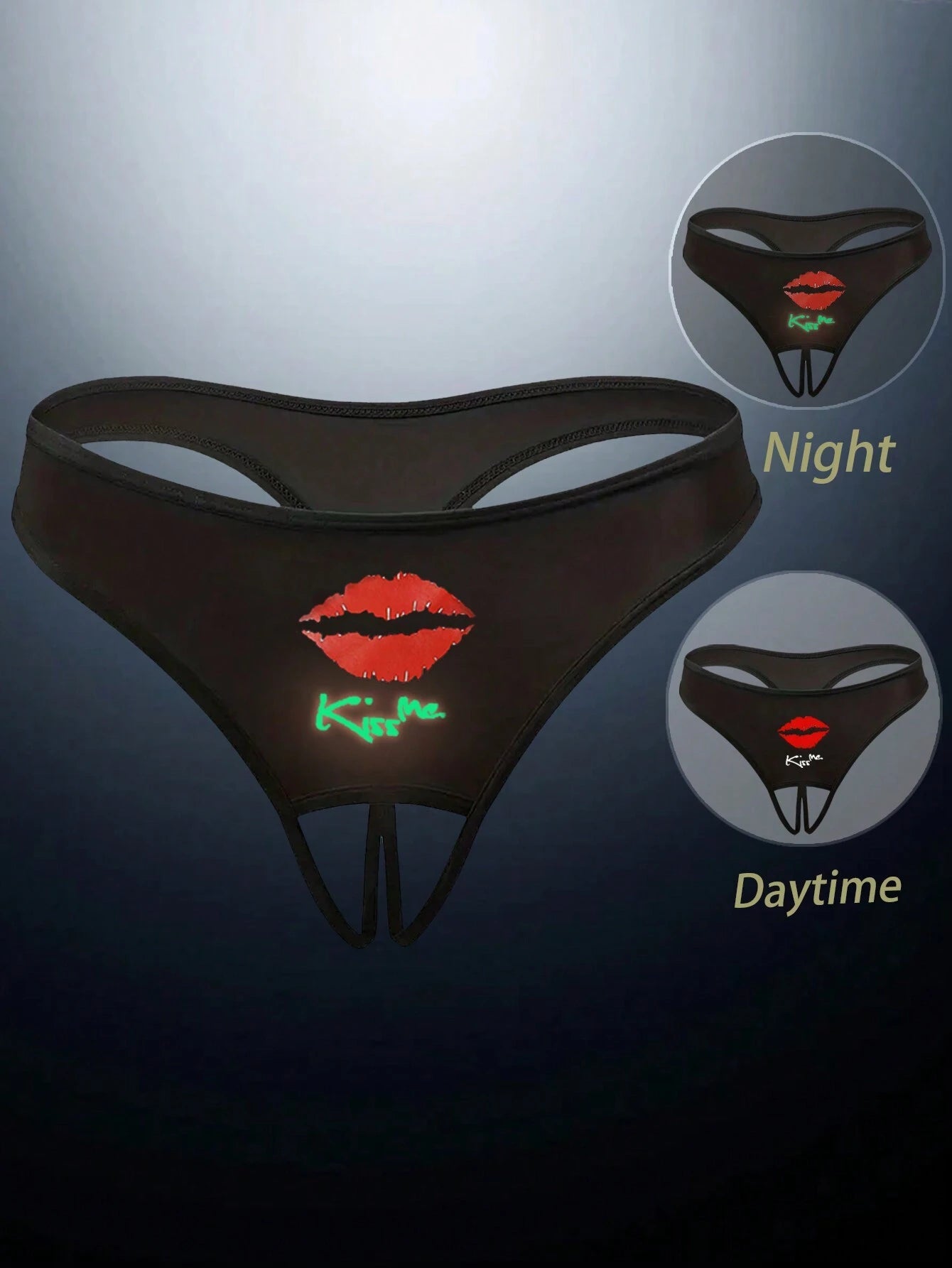 Women's Sexy Night Glow Printed T-Back Panties, Thin Open Crotch Underwear
