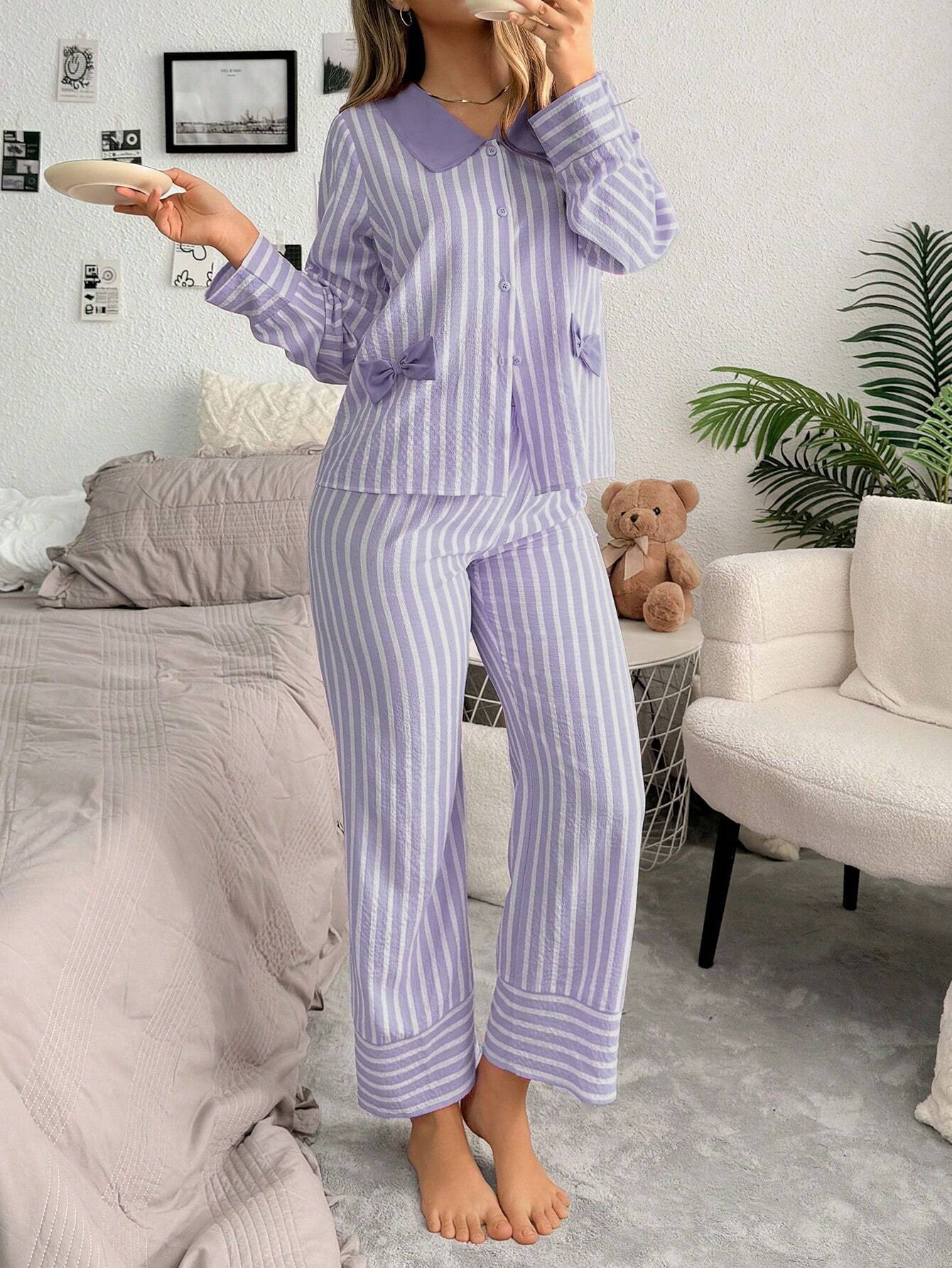 SweetSlumber Contrast Stripe Single Breasted Long Sleeve Top &amp; Pant Women Pajama Set