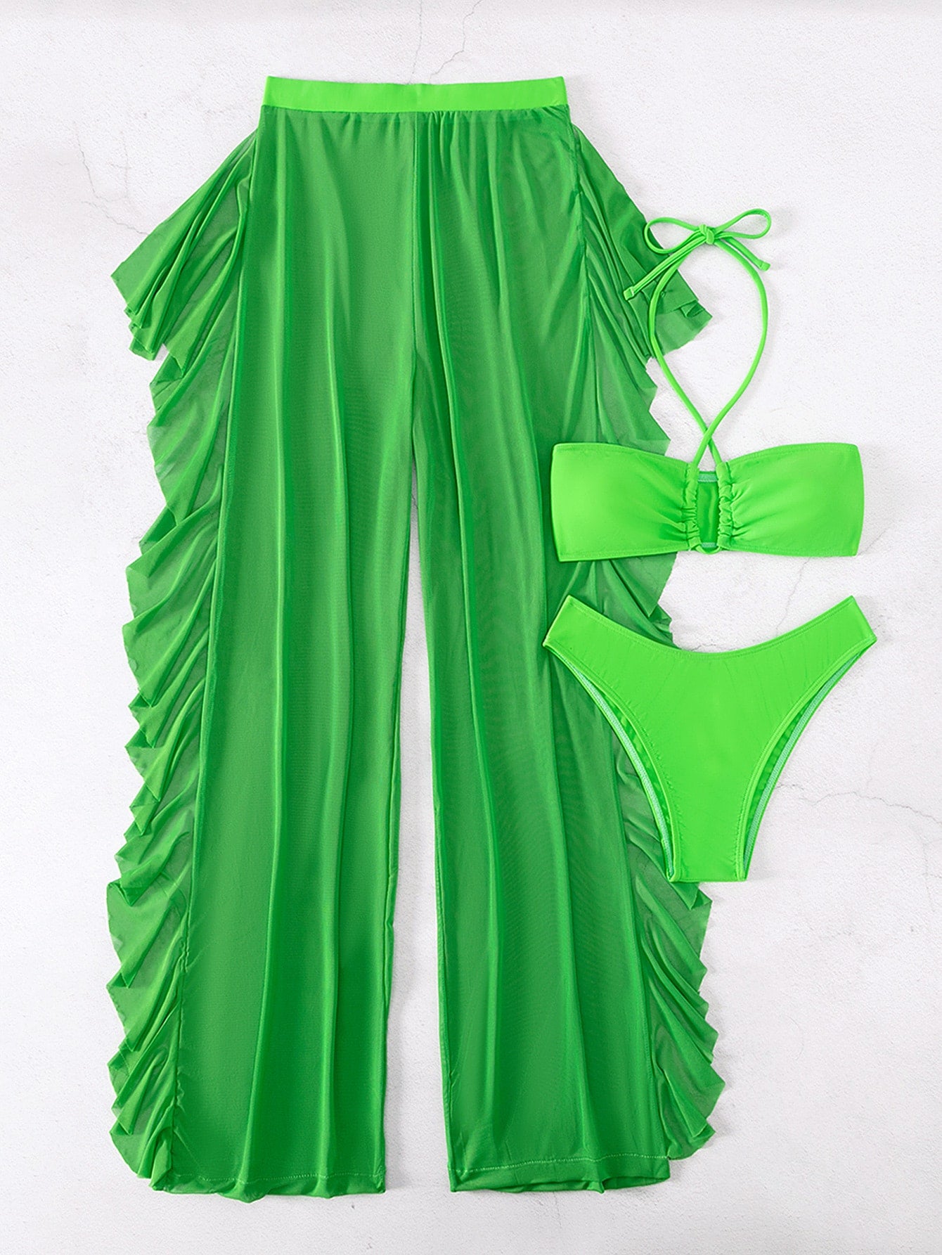 SHEIN Swim SXY Mono Bikini Set Crisscross Halter Wireless Bra Top &amp; High Cut Bikini Bottom &amp; Mesh Cover Up Pants 3 Piece Swimsuit