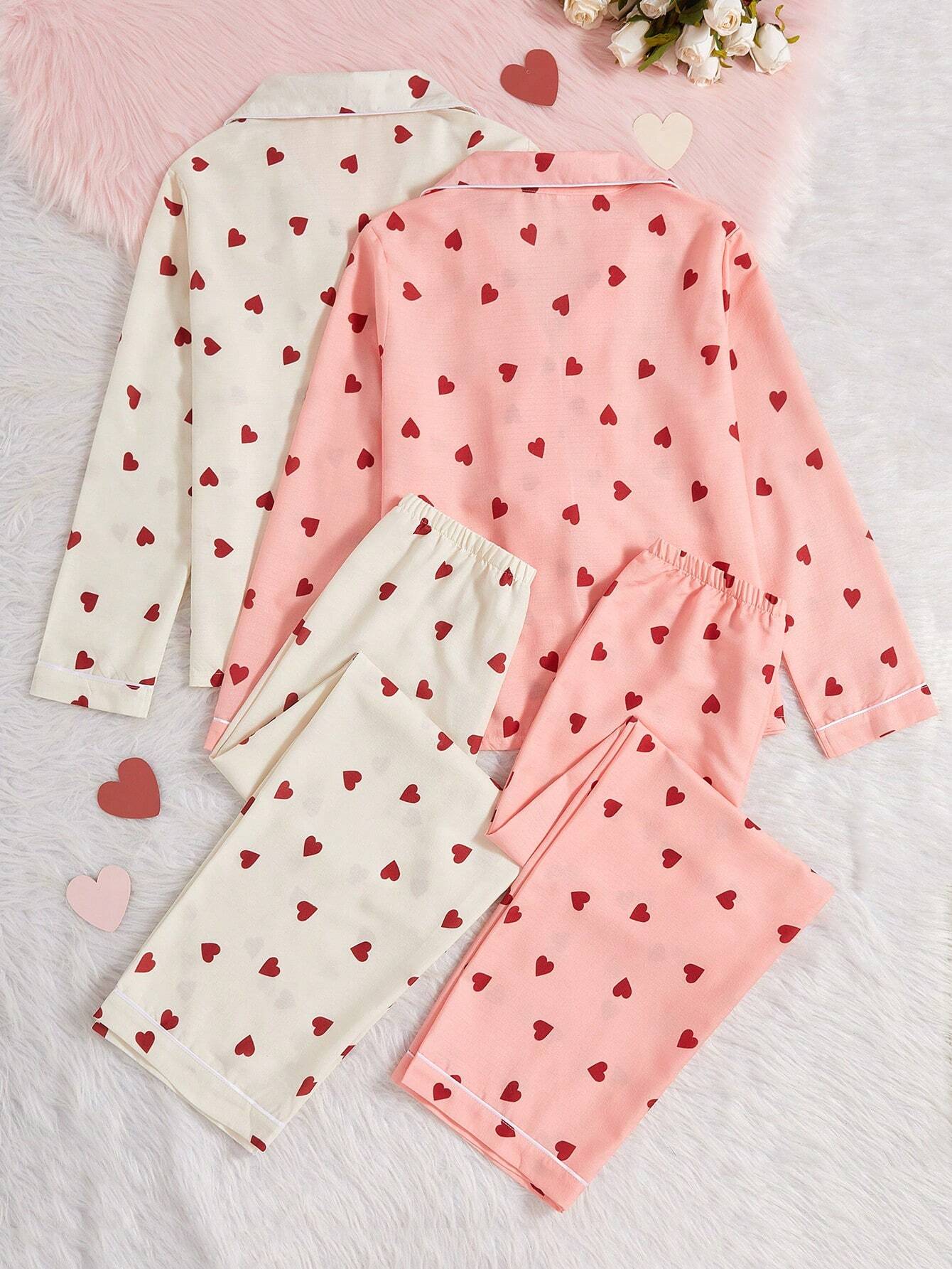 Dream Adore 2 Pcs Women's Heart Print Button Up Collar Long Sleeve Top And Bottoms