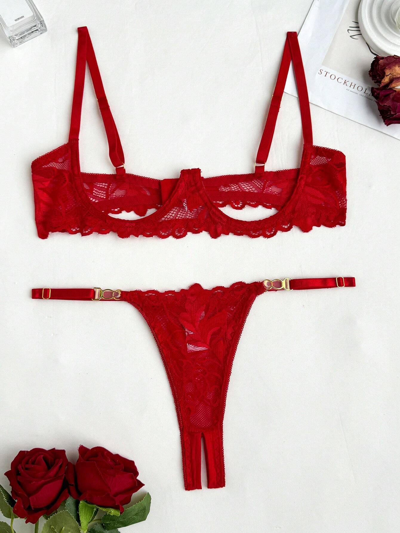 olid Color, See-Through, Underwire Bra And T-Back Sexy 2-Piece Set With Thin Shoulder Straps