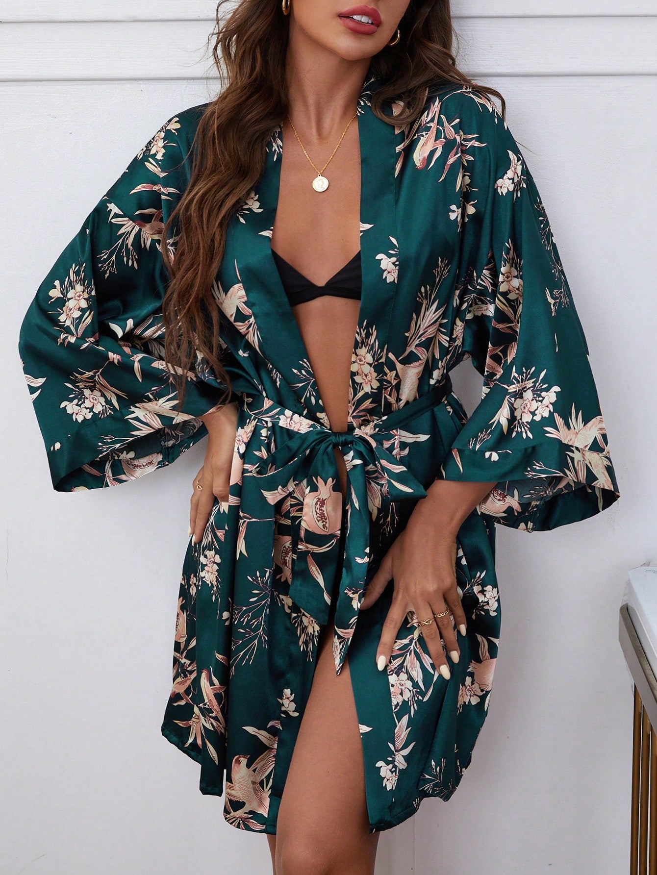 Lip Print Belted Satin Robe