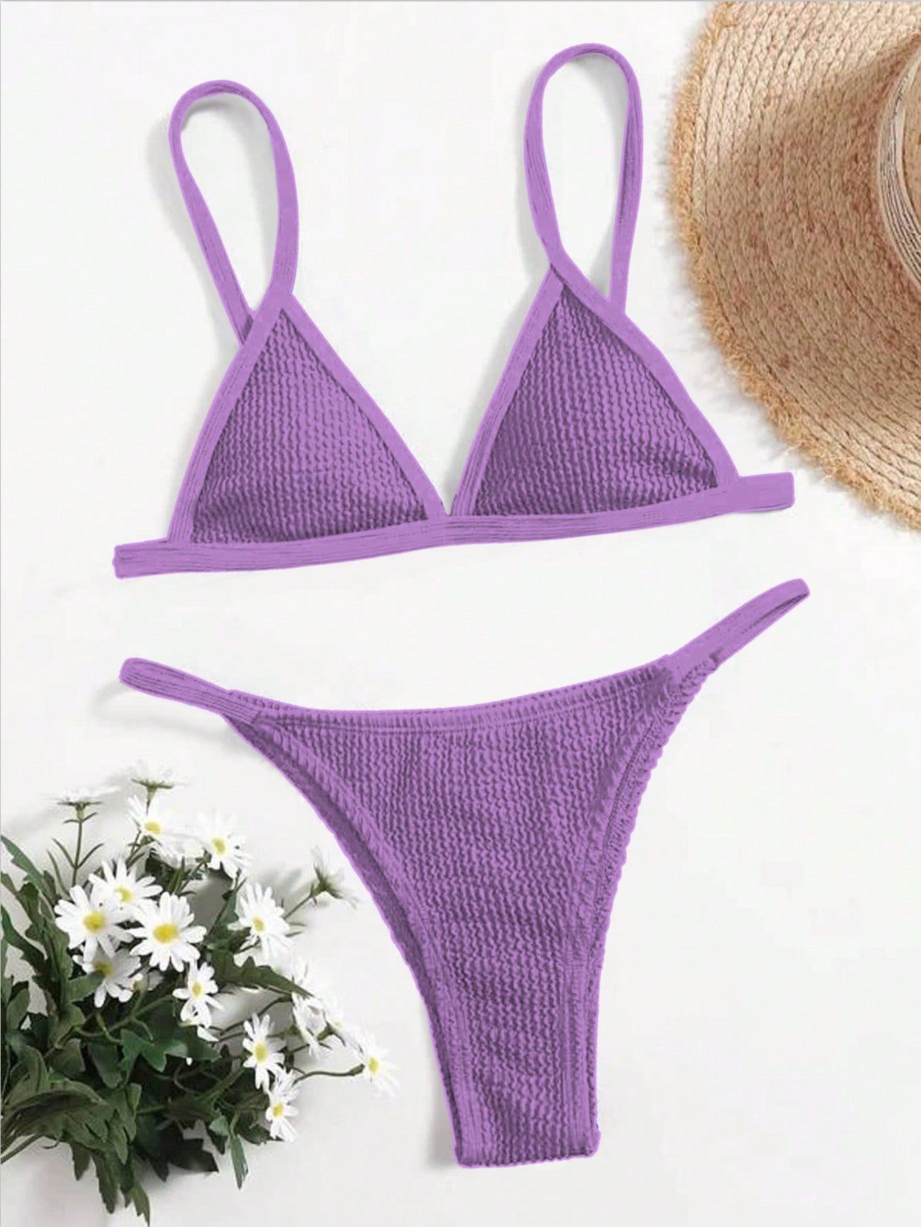 Contrast Binding Triangle Thong Bikini Swimsuit