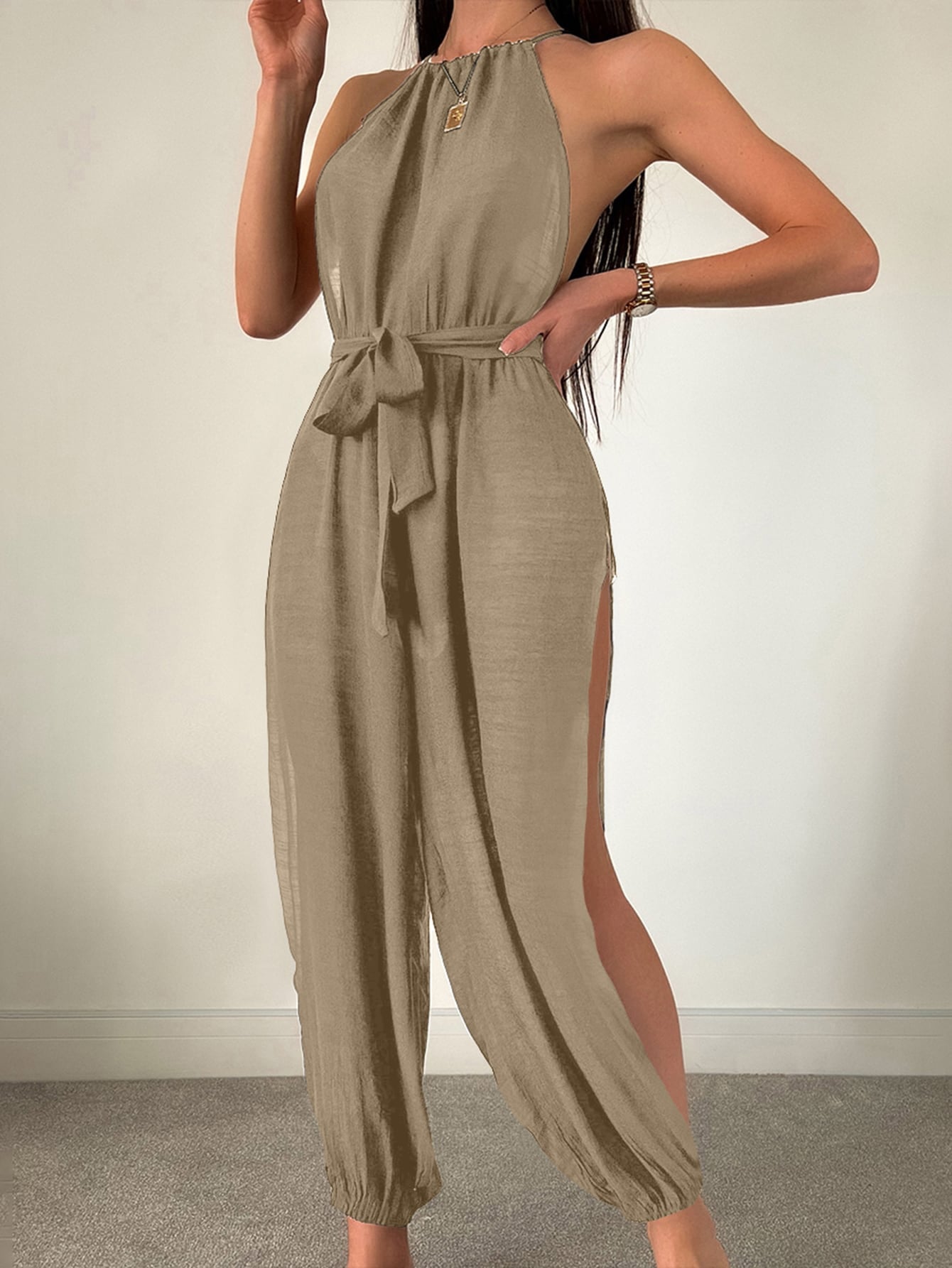 SHEIN Swim Chicsea Solid Split Thigh Belted Halter Neck Cover Up Jumpsuit S Khaki