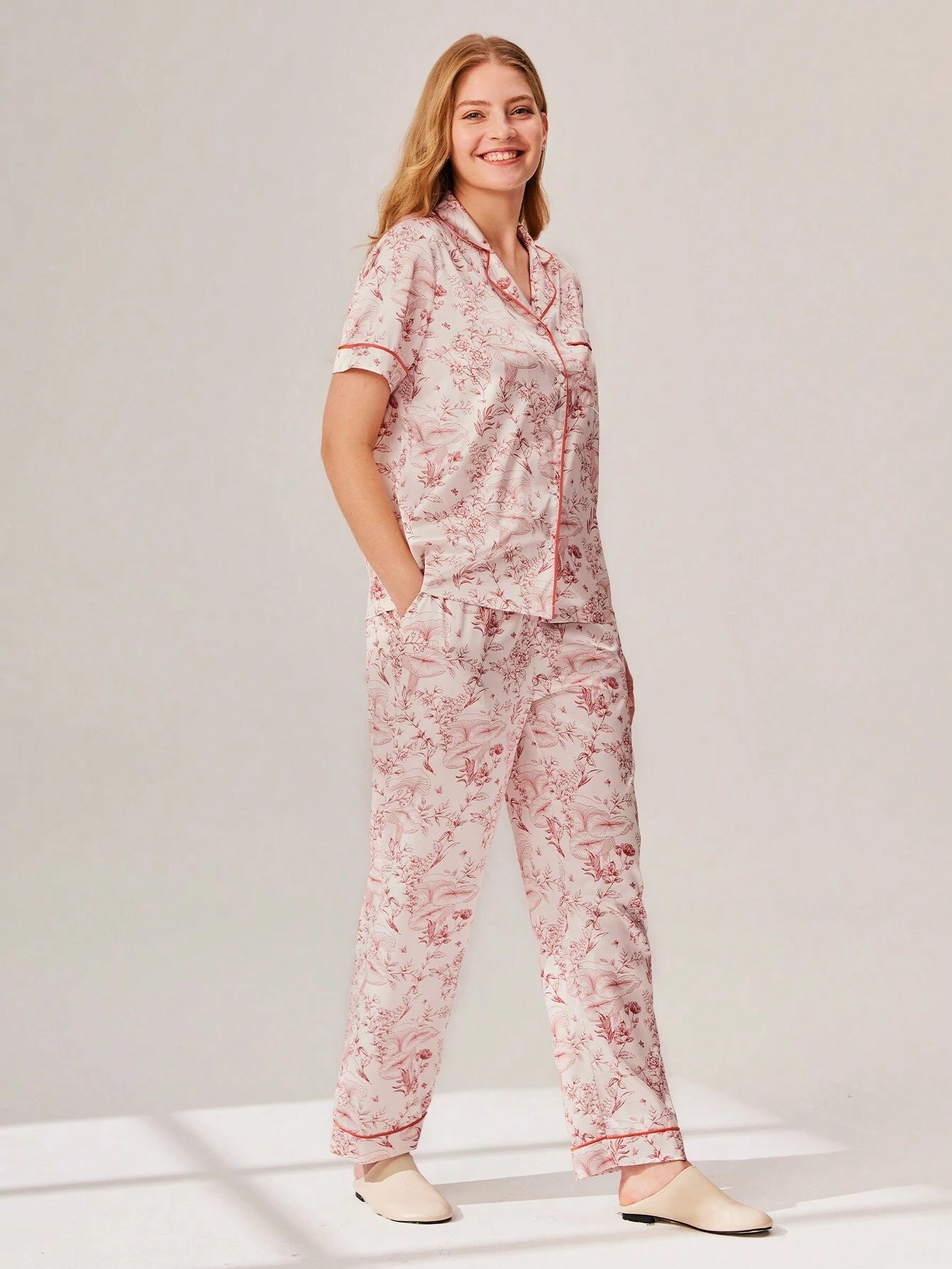 LUVLETTE Satin Floral Short-Sleeve Button-Up &amp; Pants Women Pajama Set