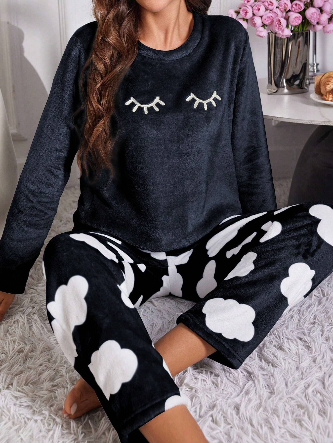 Eyelash Embroidery Flannel Long Sleeve Pajama Set Black