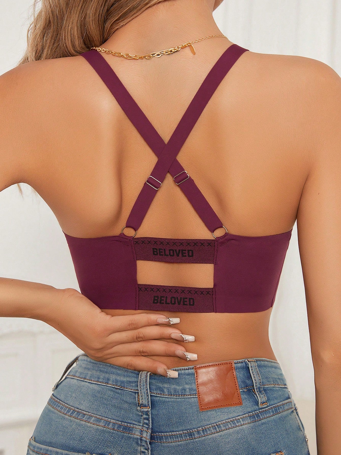Letter Graphic Crisscross Back Bralette S Red Violet