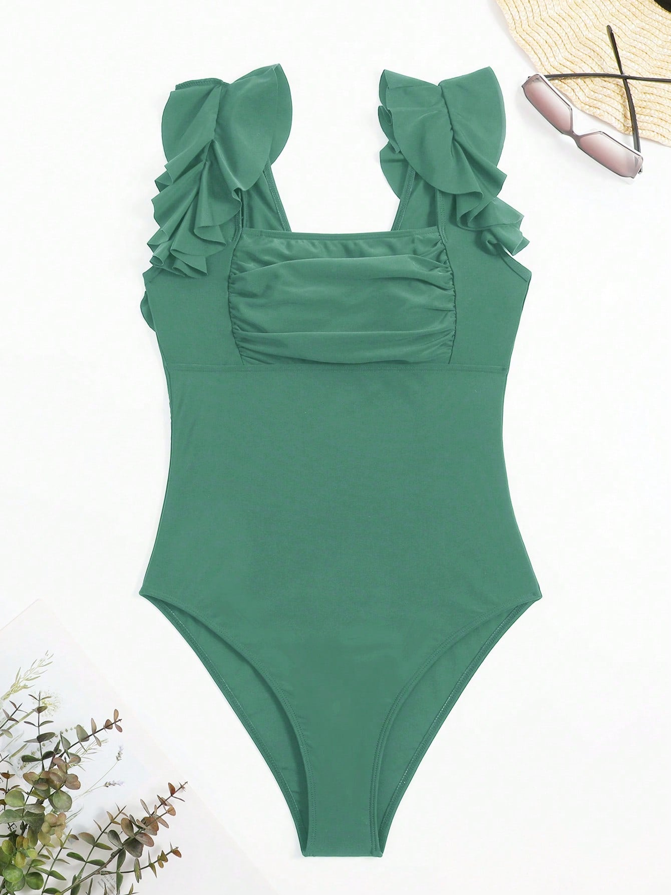 View Outfits SHEIN SHEIN Swim Chicsea Ruffle Trim Ruched Bust One Piece Swimsuit