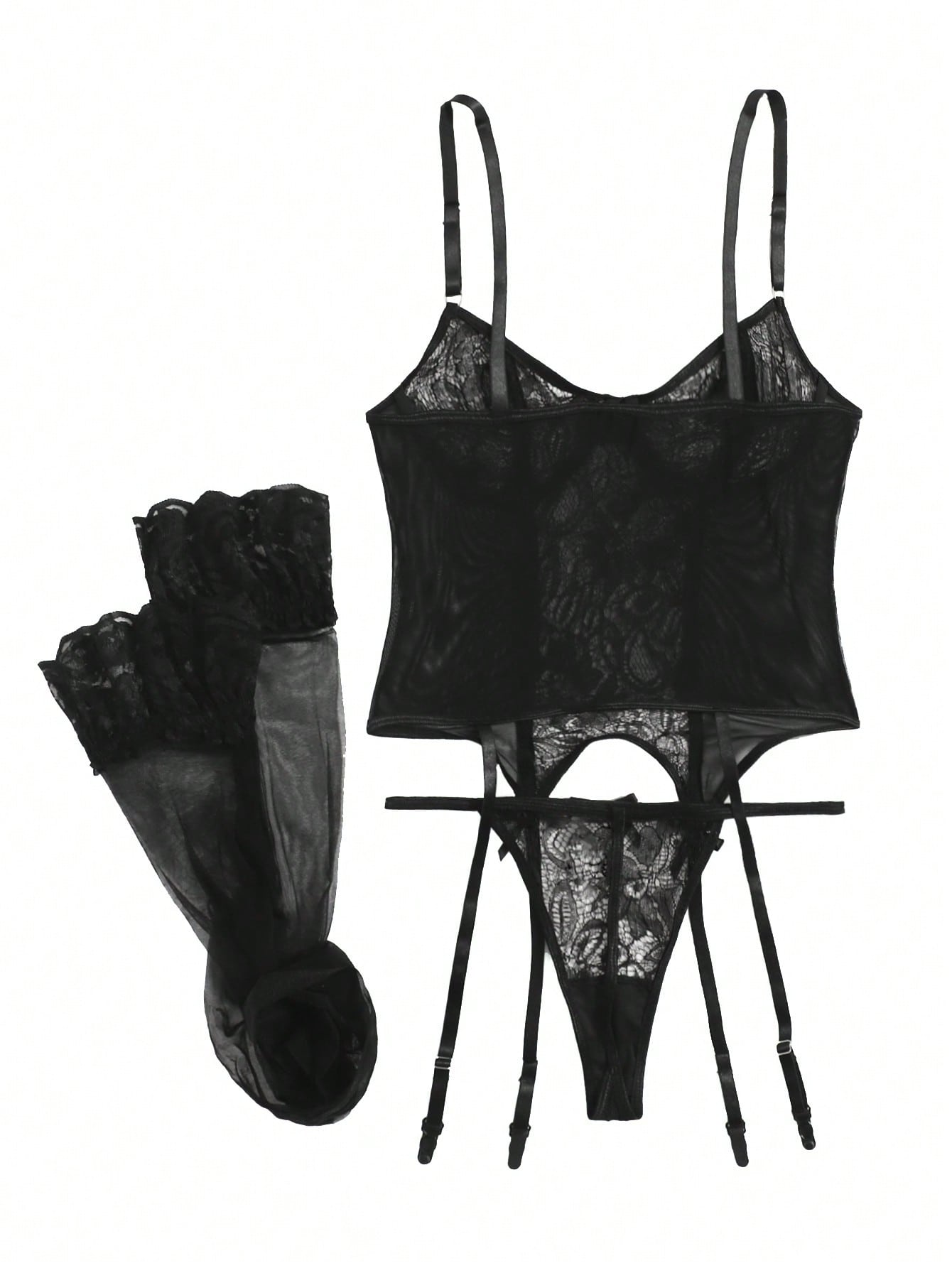 3pack Floral Mesh Underwire Garter Lingerie Set &amp; 1pair Stockings
