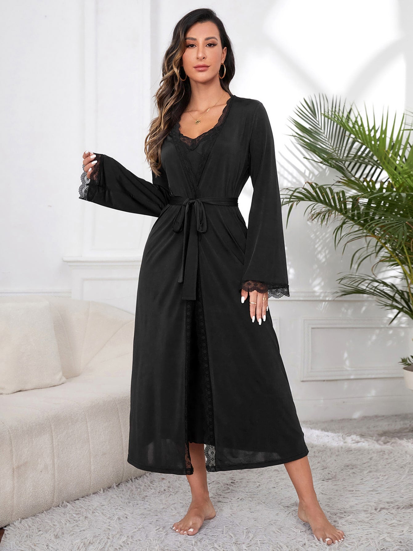 Contrast Lace Lettuce Trim Belted Robe &amp; Cami Dress PJ Set