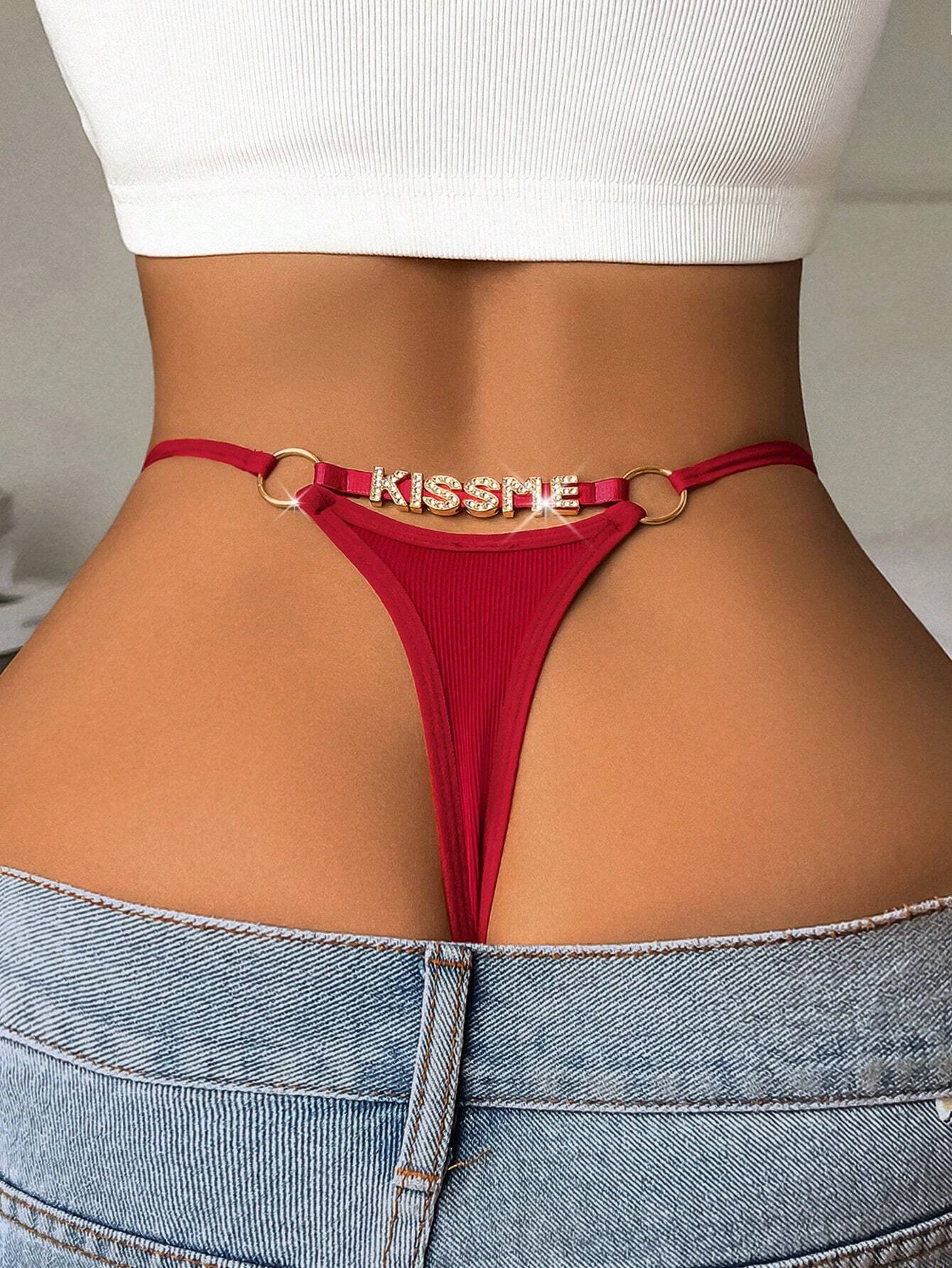 1pc Rhinestone Letter Decor Low Rise Sexy Thong Panty
