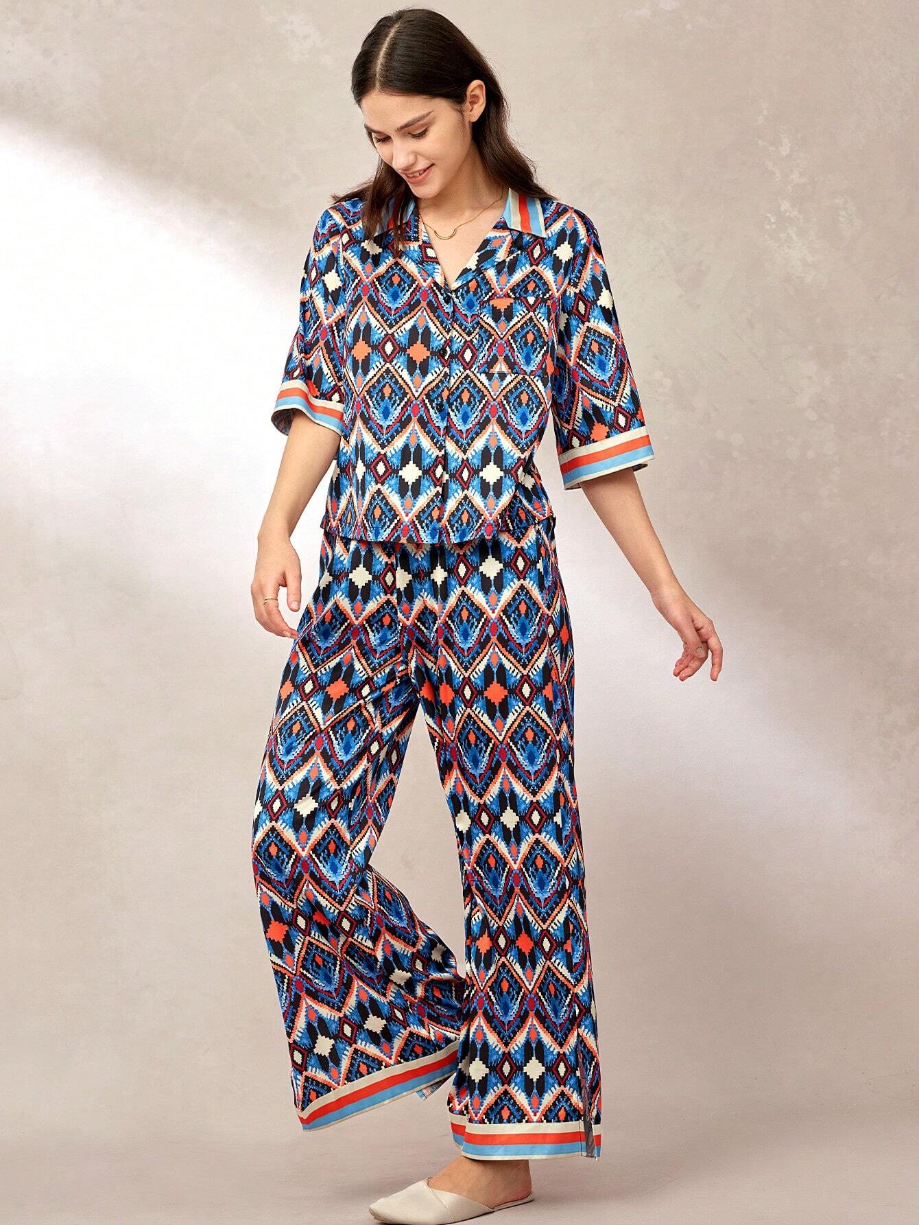 LUVLETTE Fasion Patterned Satin Long Pajama Sets