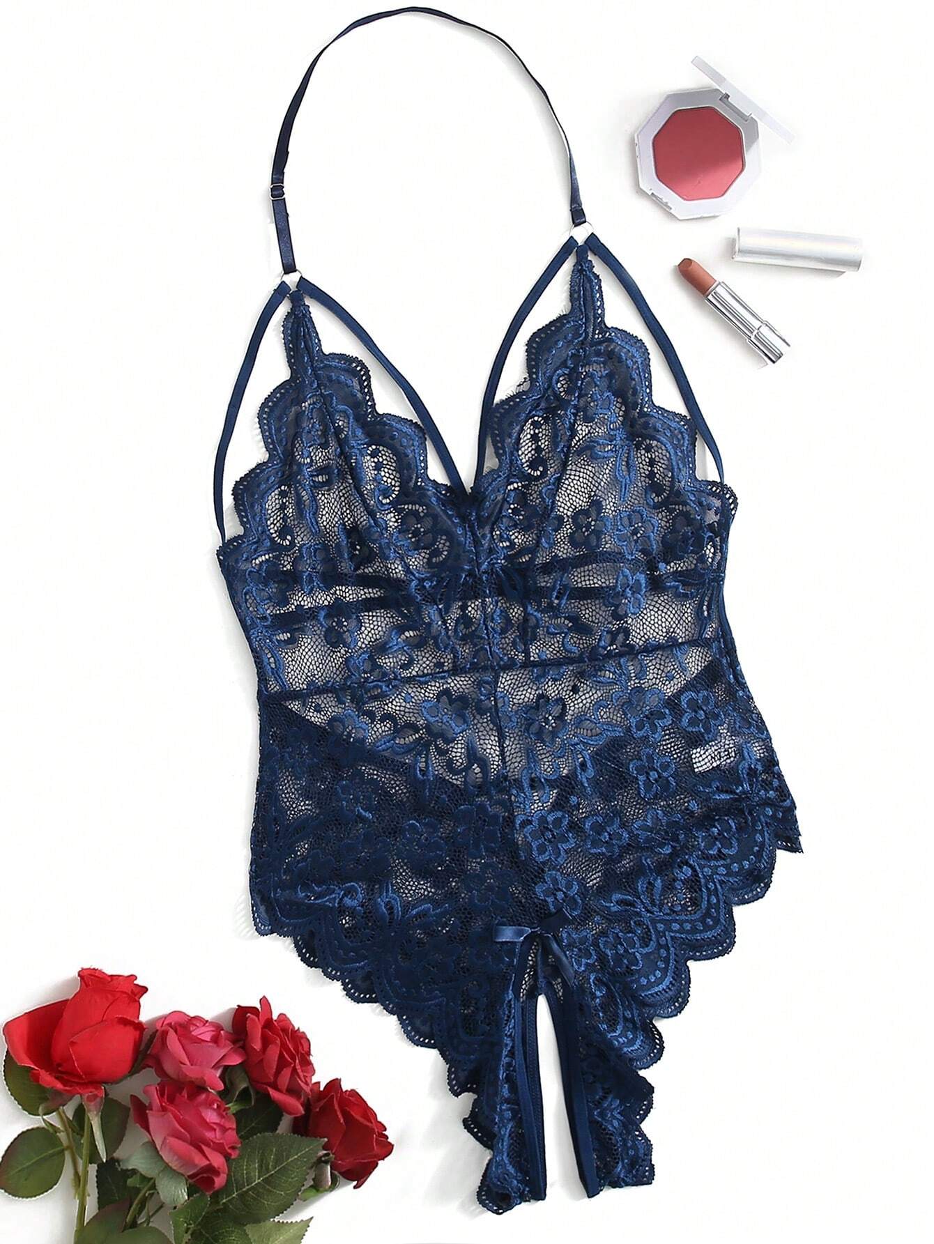 Classic Sexy Floral Lace Scalloped Crotchless Teddy Bodysuit