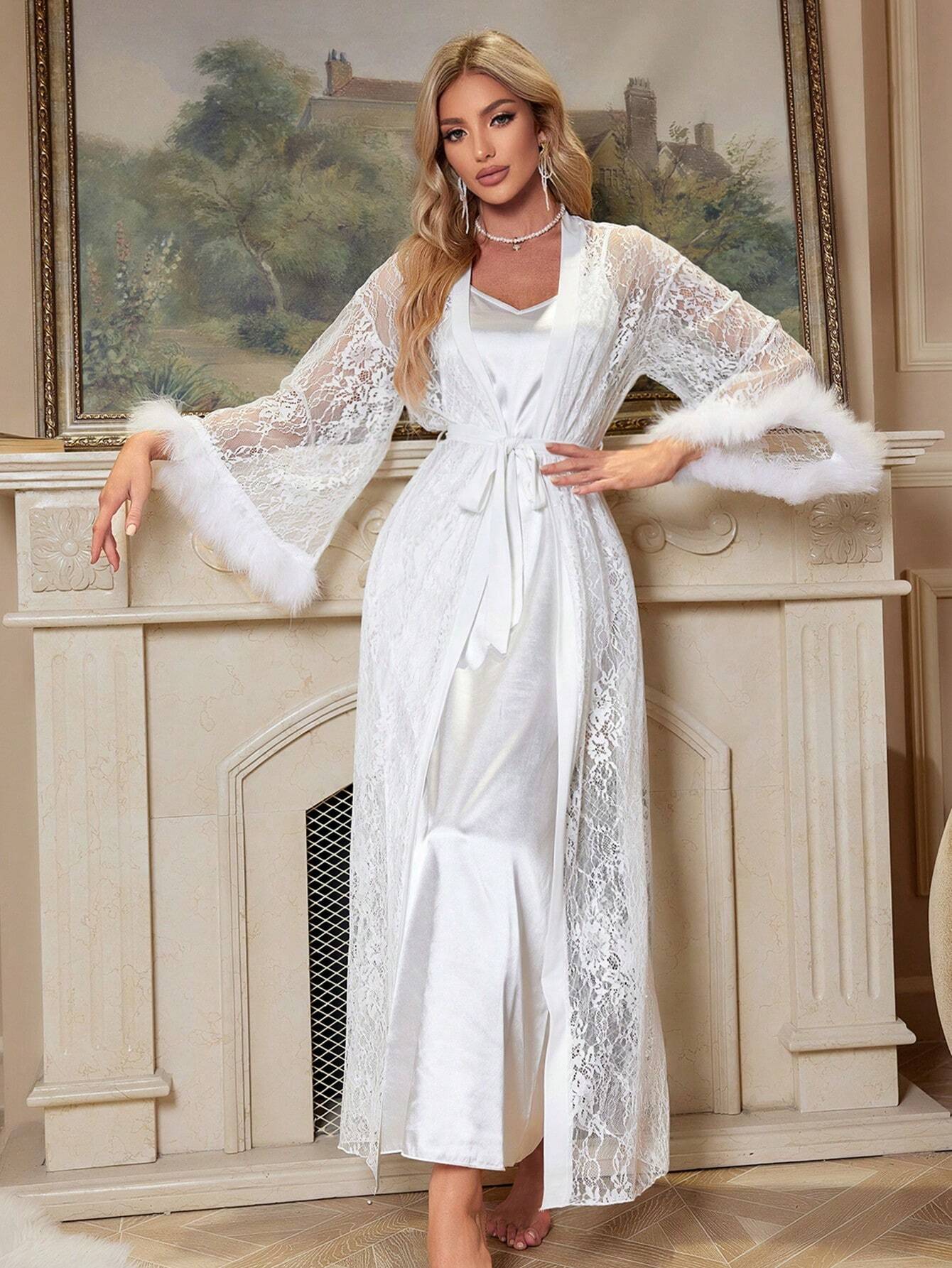 Women 3pcs Lace Contrast Hollow Robe, Satin Nightgown, And Shorts Sleepwear Set White