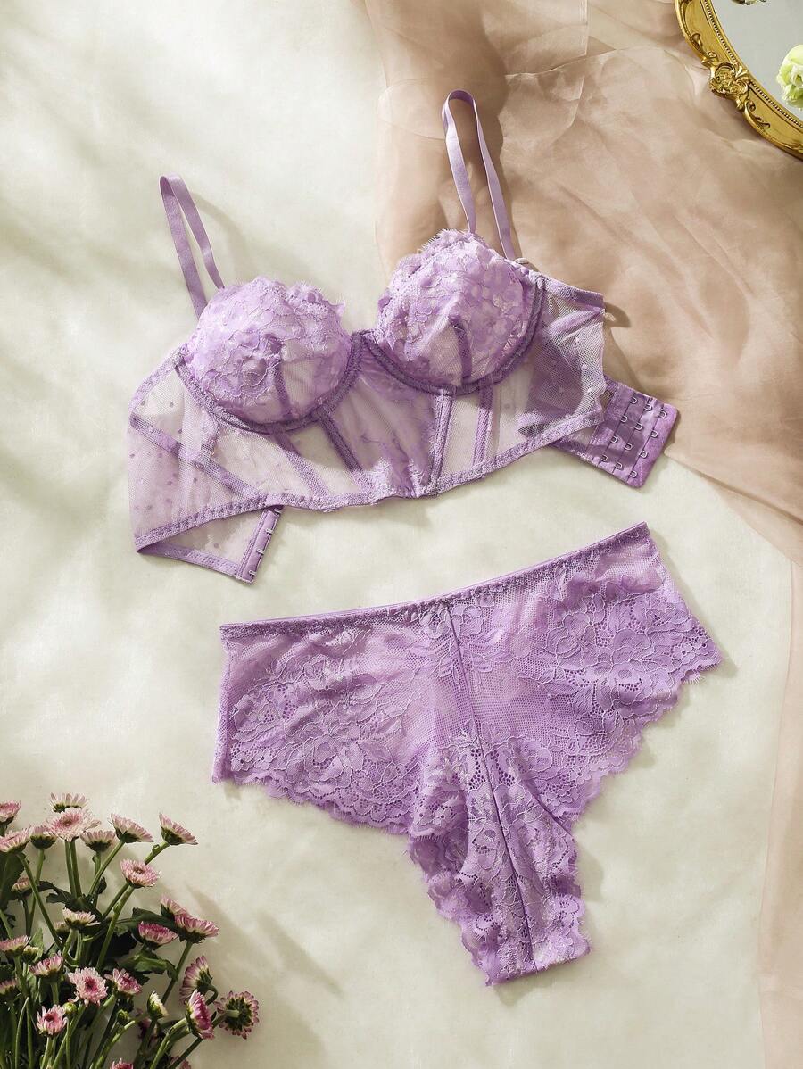 Floral Lace Push Up Lingerie Set Mauve Purple