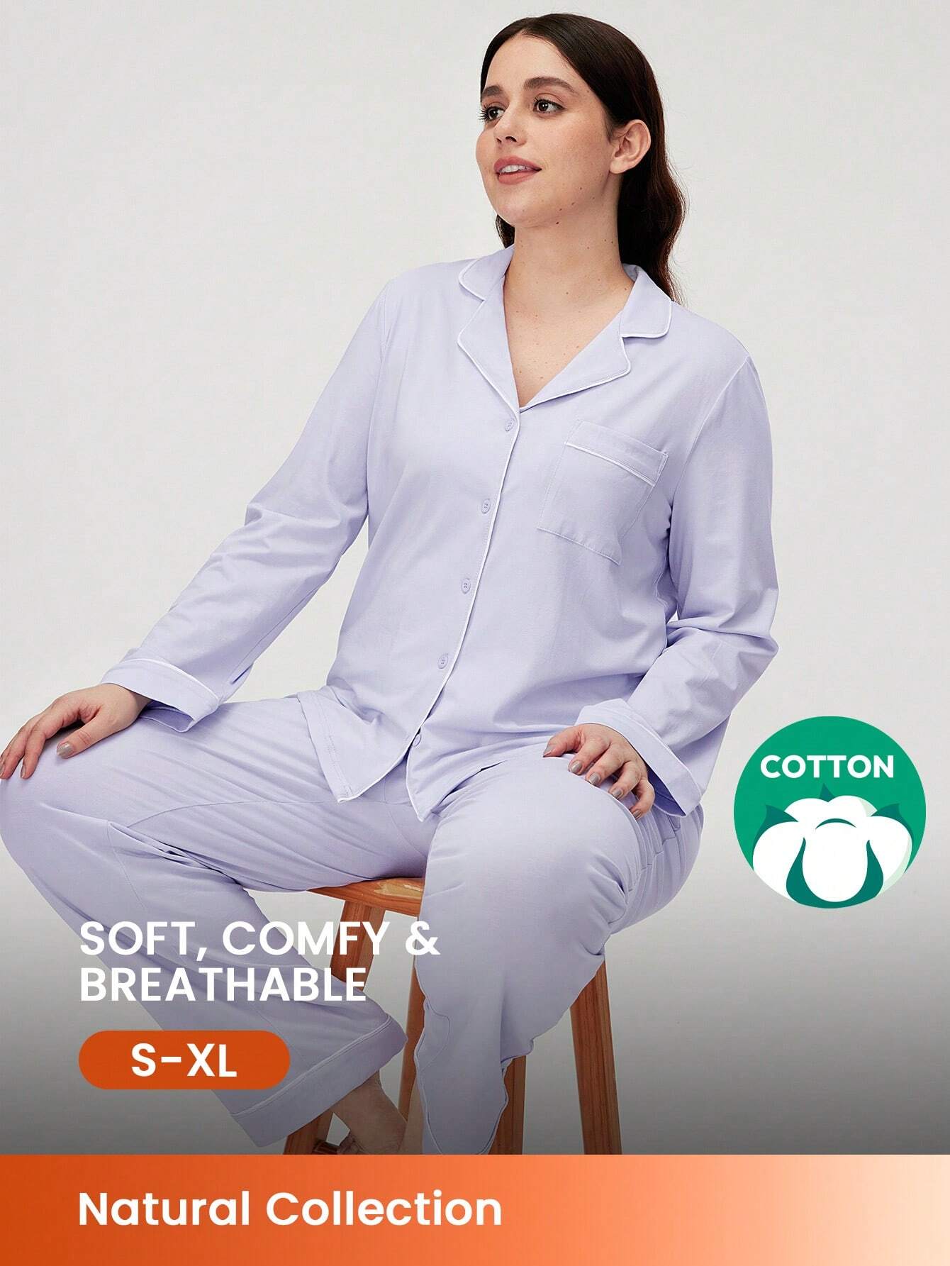LUVLETTE Soft Cotton &amp; Modal Basic Long Women Pajama Set Lounge Sets Lilac Purple