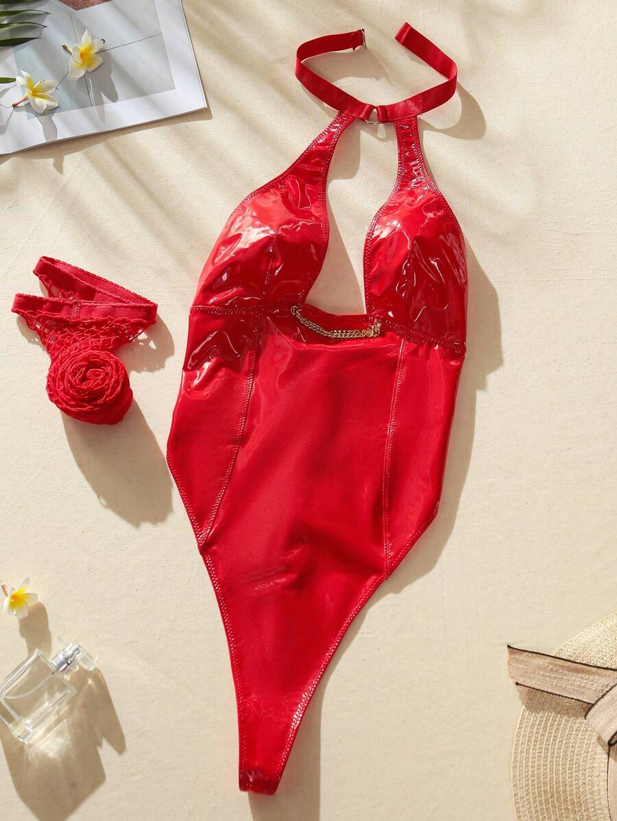 PU Leather Halter Teddy Bodysuit With Fishnet Stockings
