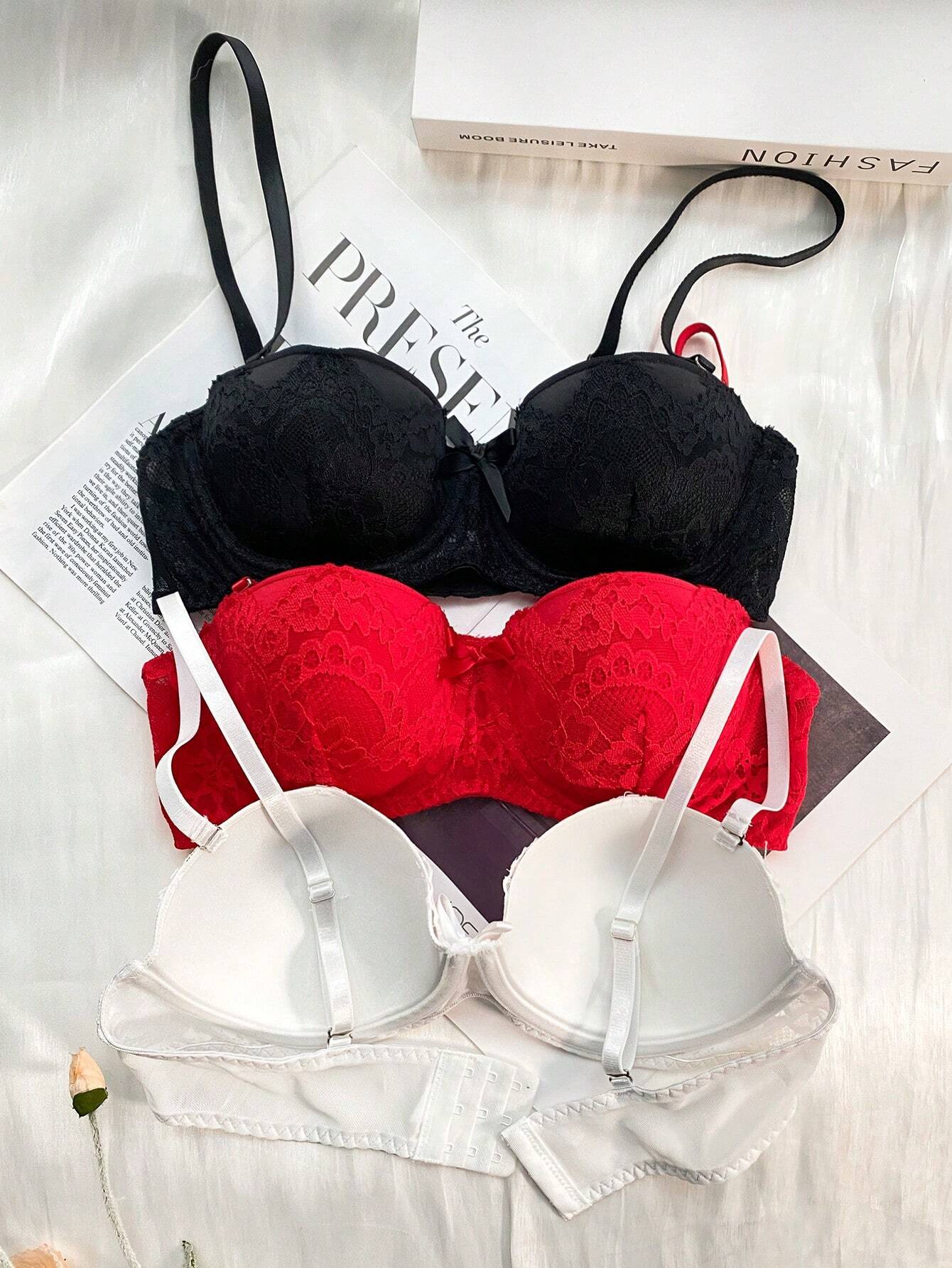 3pcs Floral Lace Underwire Bra