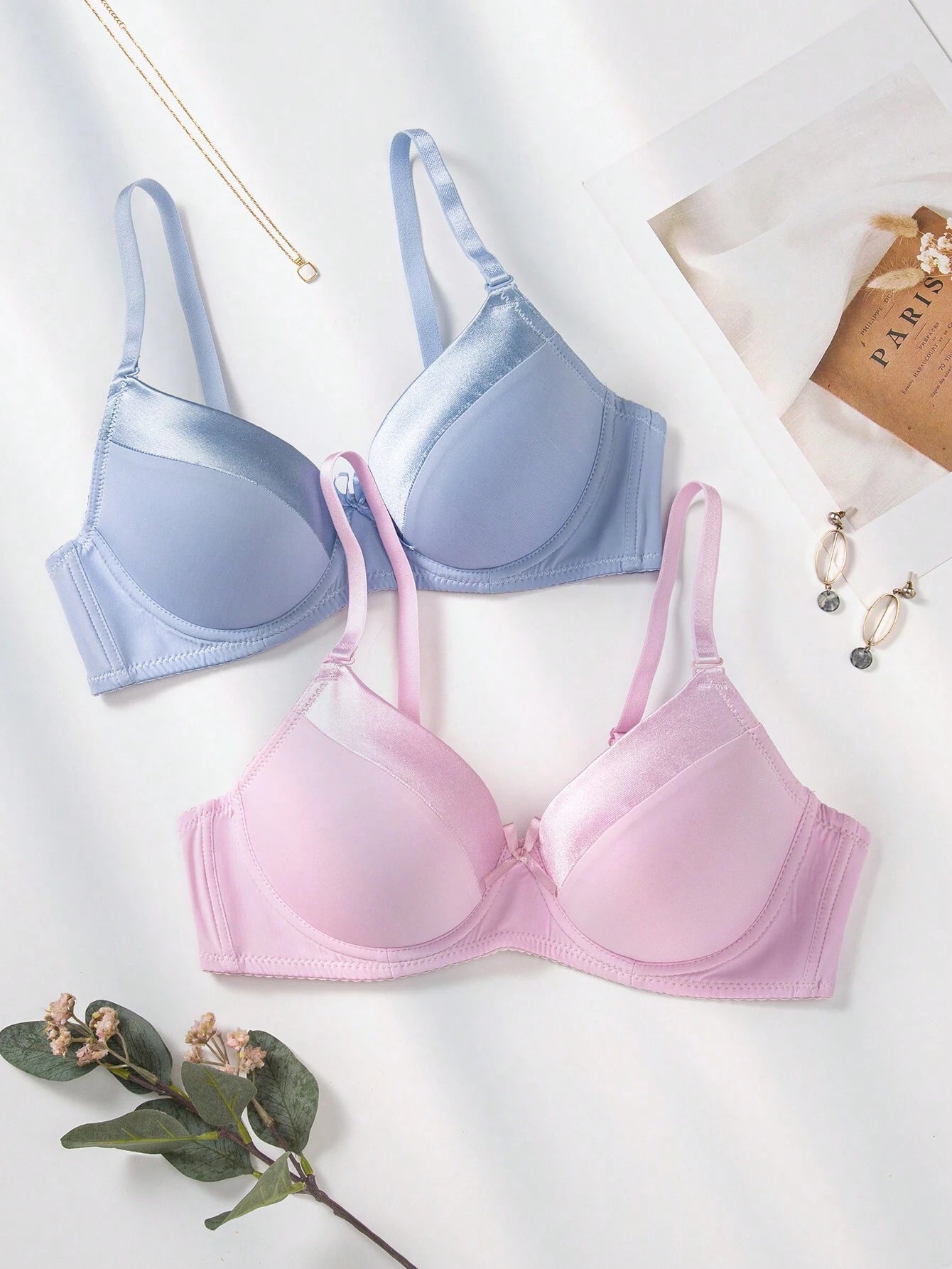 2pcs Solid Underwire Push Up Bra Multicolor