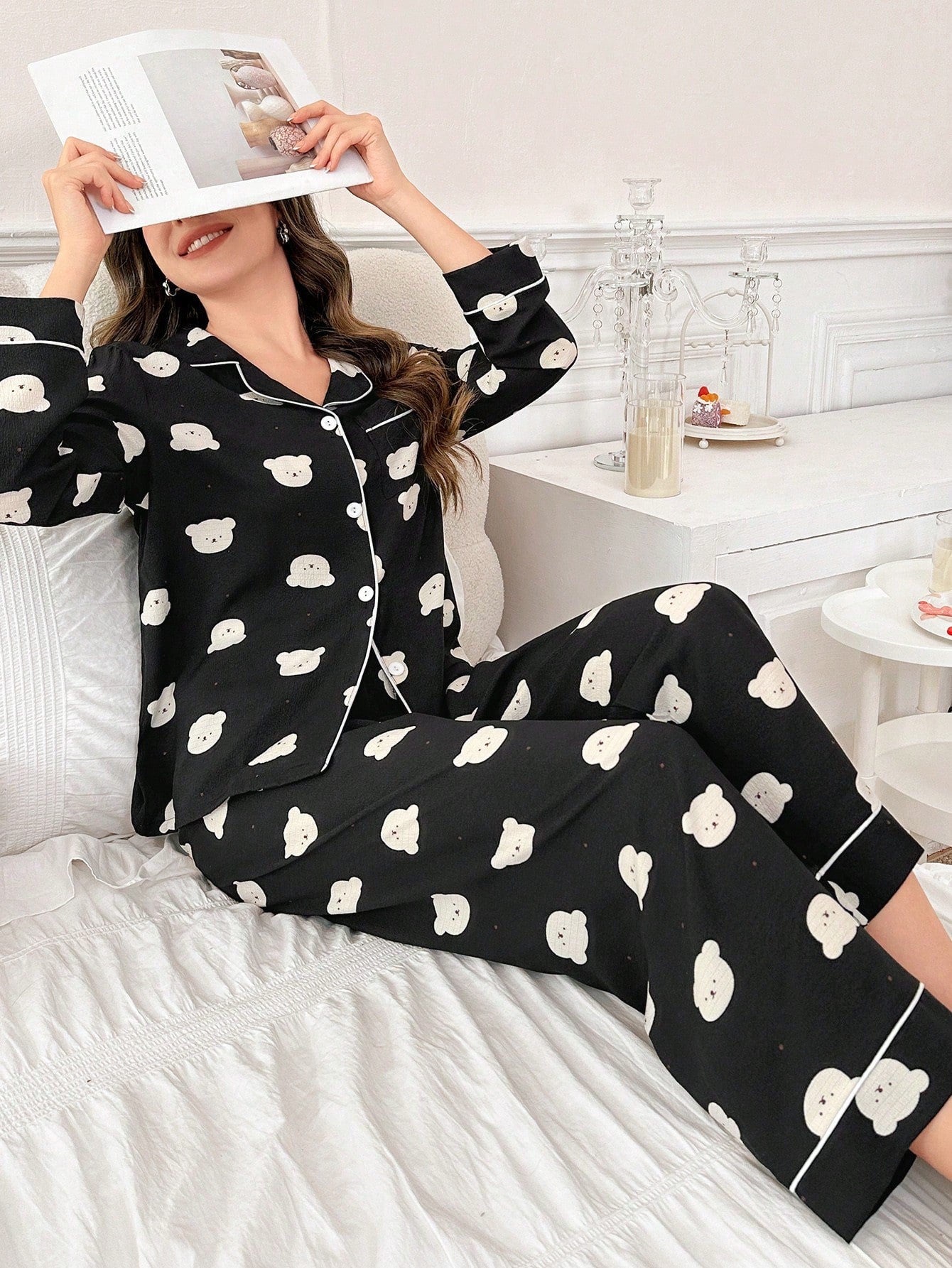 CoupledUp Women's Bear Printed Long Sleeve Long Pants Pajama Set Black