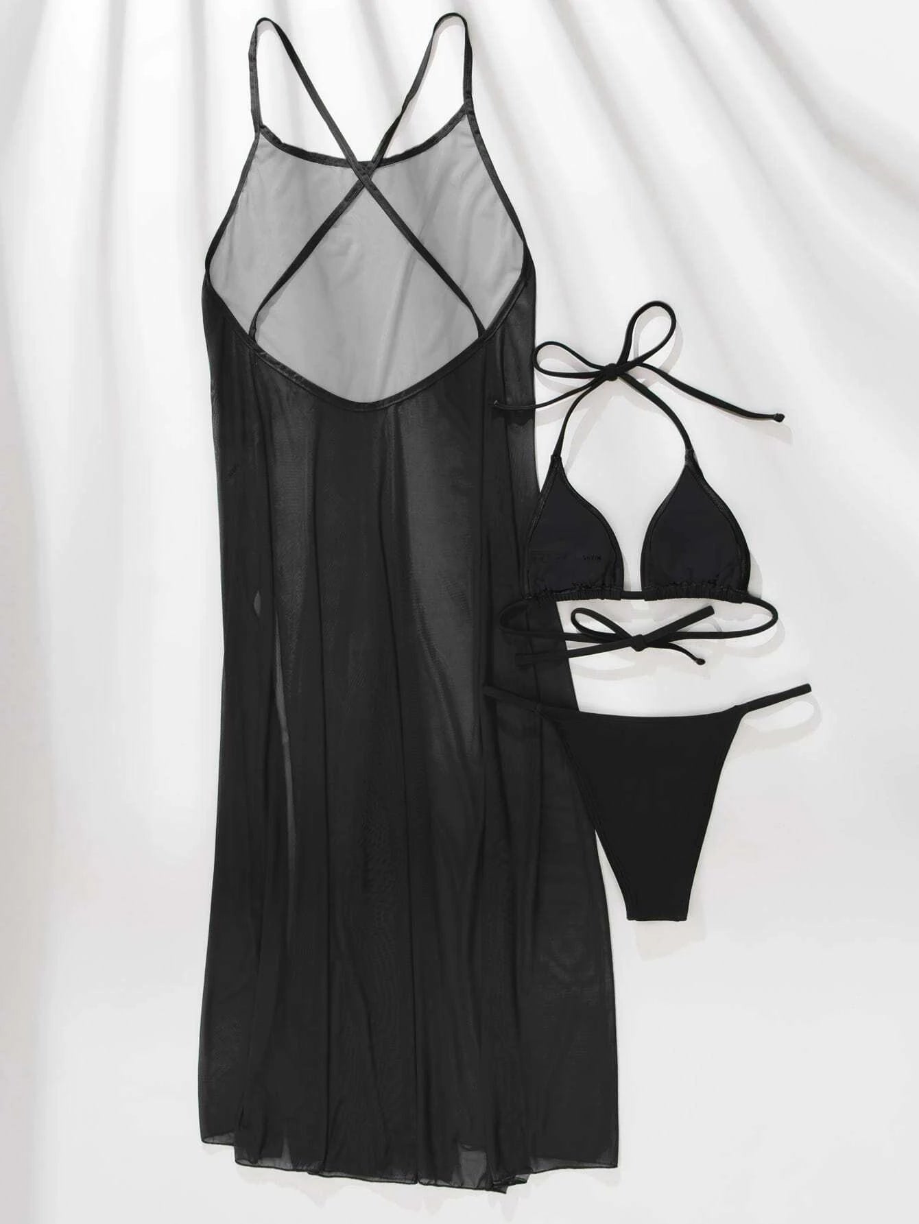 Plain Halter Triangle Bikini Swimsuit With Cover Up