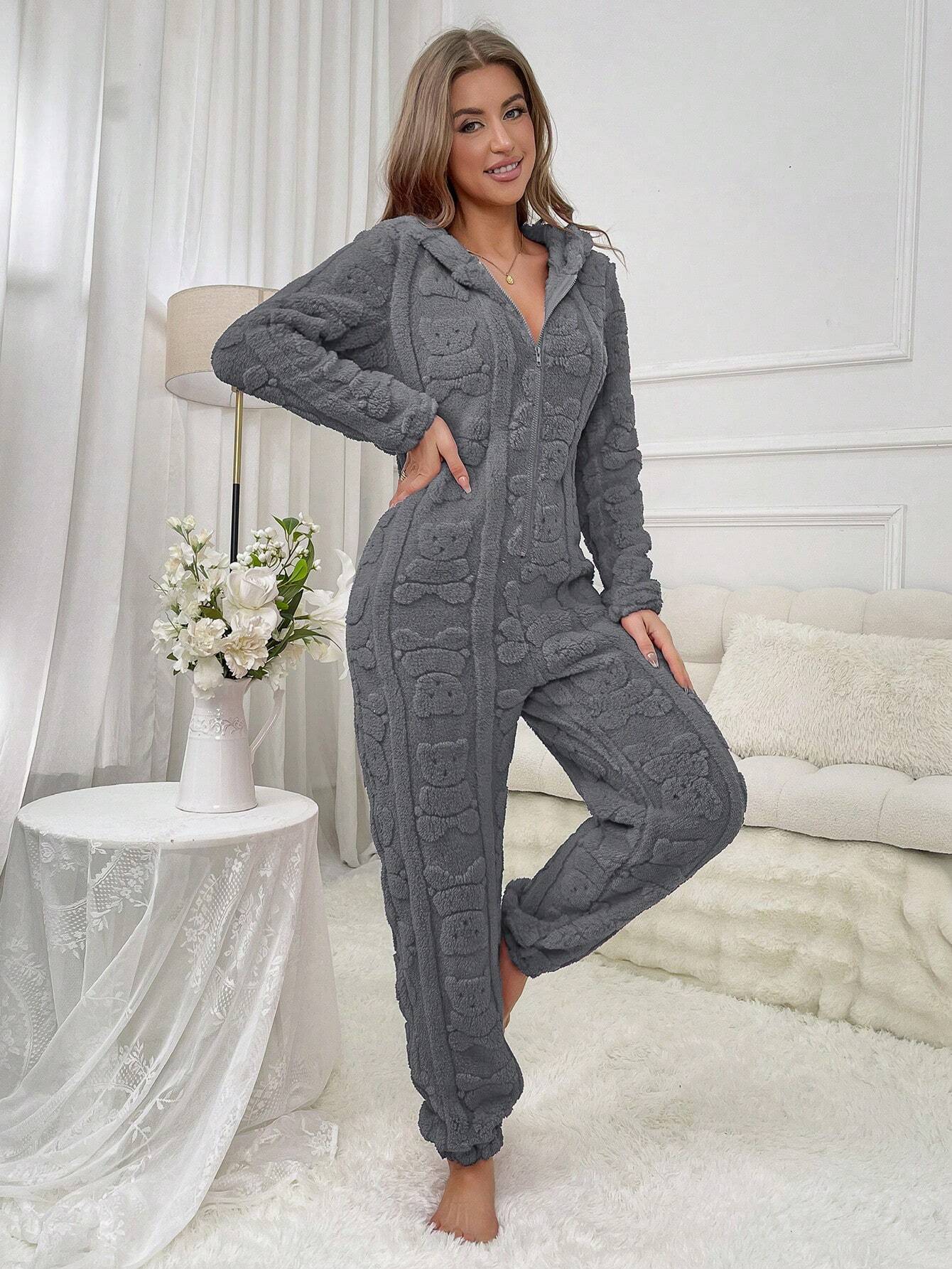 Women's Animal Ear Design Plush Pajama Jumpsuits