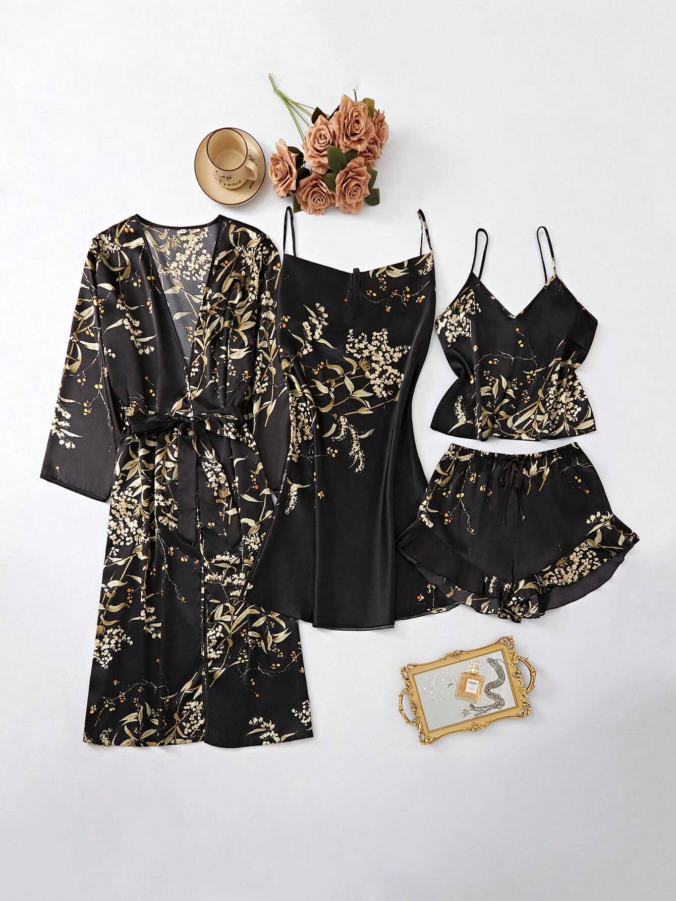 LuxeNights 5pcs/Set Silk-Like Flower Print Camisole Top &amp; Shorts &amp; Dress &amp; Robe &amp; Storage Bag