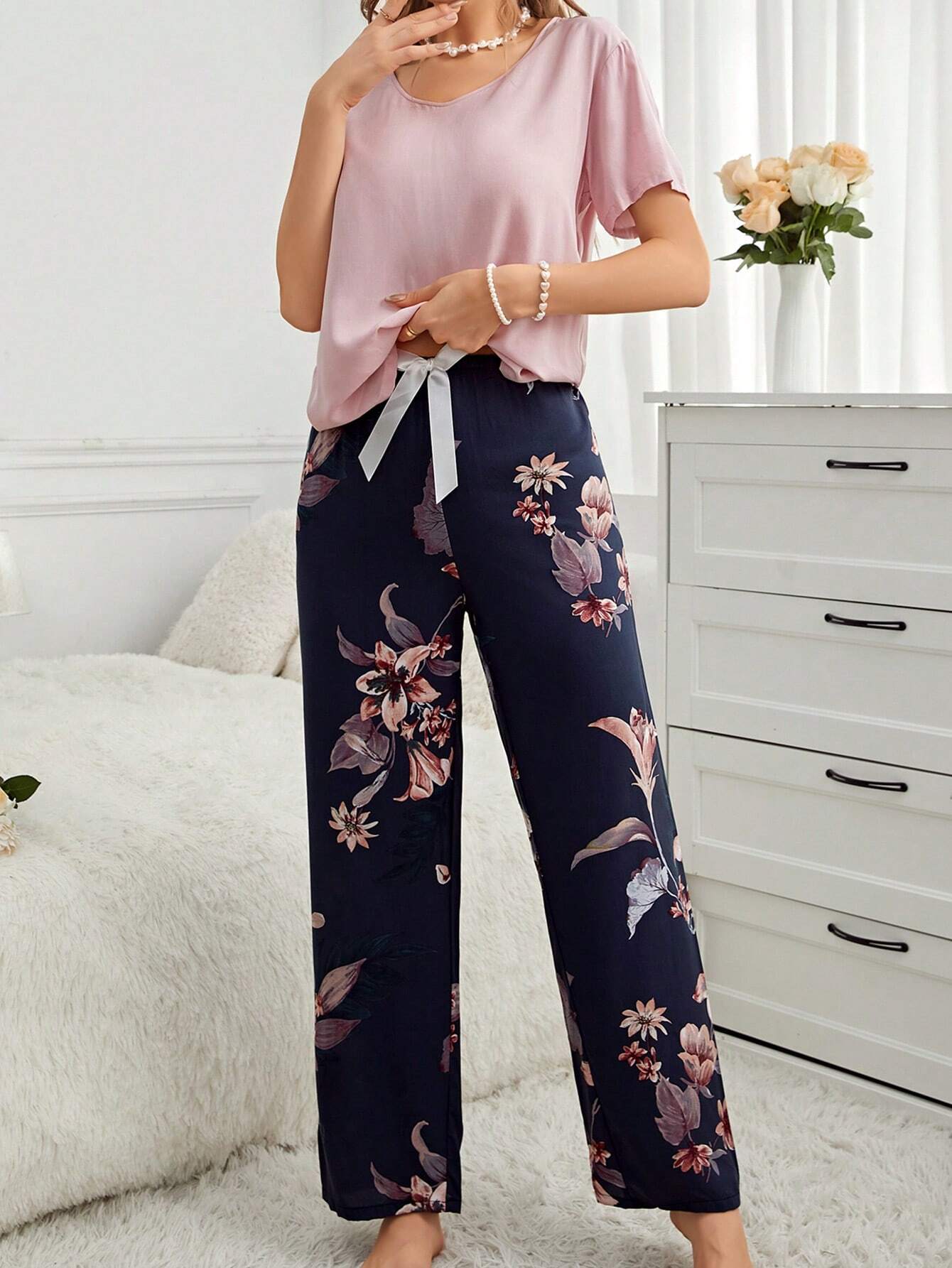 V-Neck Short Sleeve Top And Floral Print Pants Pajama Set