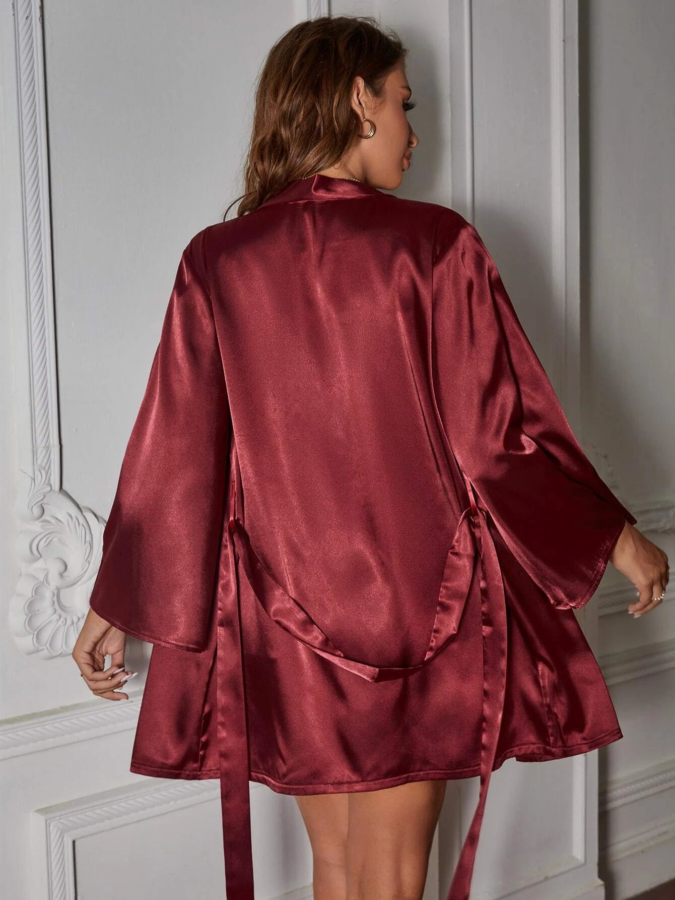 Contrast Lace Belted Satin Robe &amp; Cami Top &amp; Shorts PJ Set