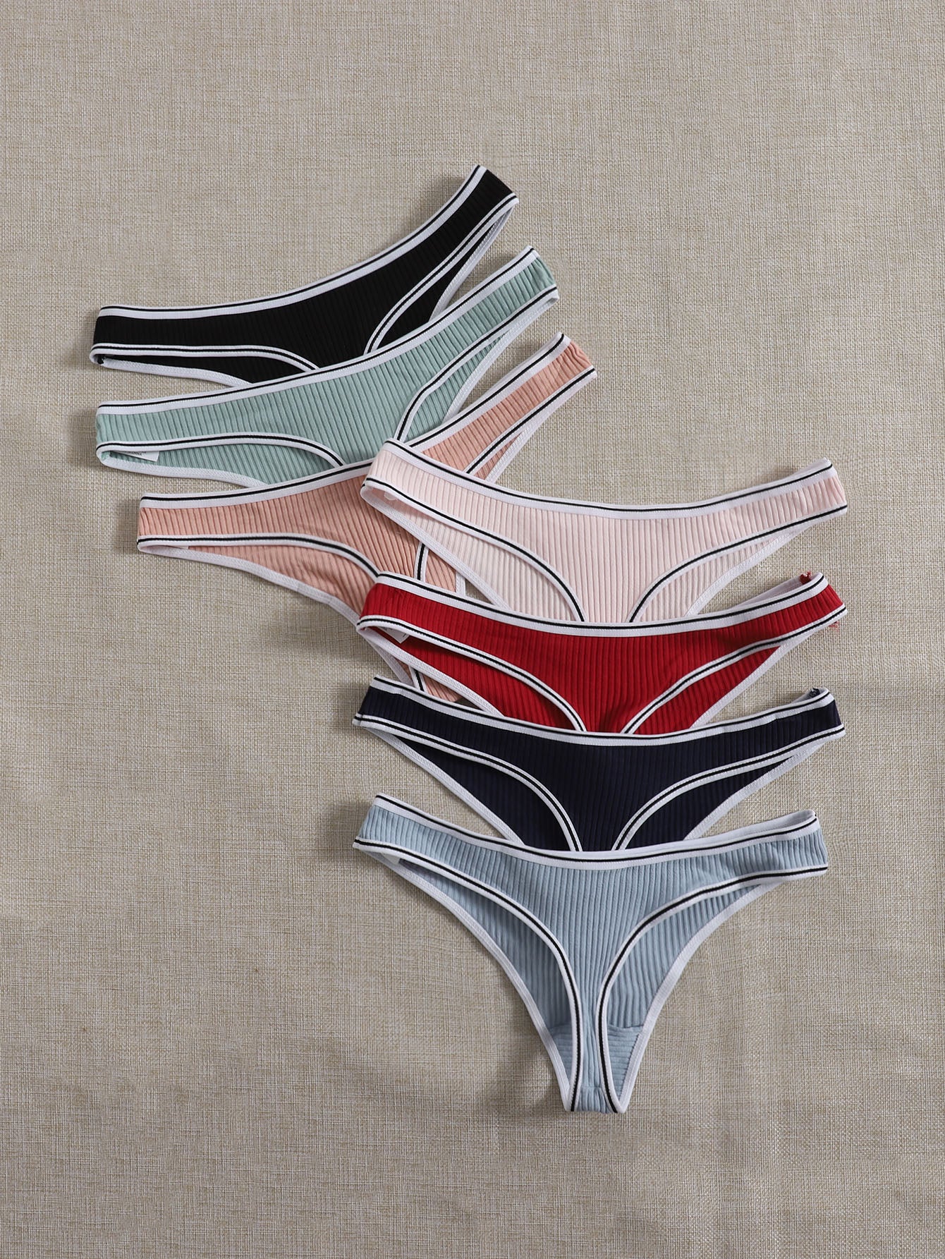 7pack Contrast Binding Ribbed Knit Thong