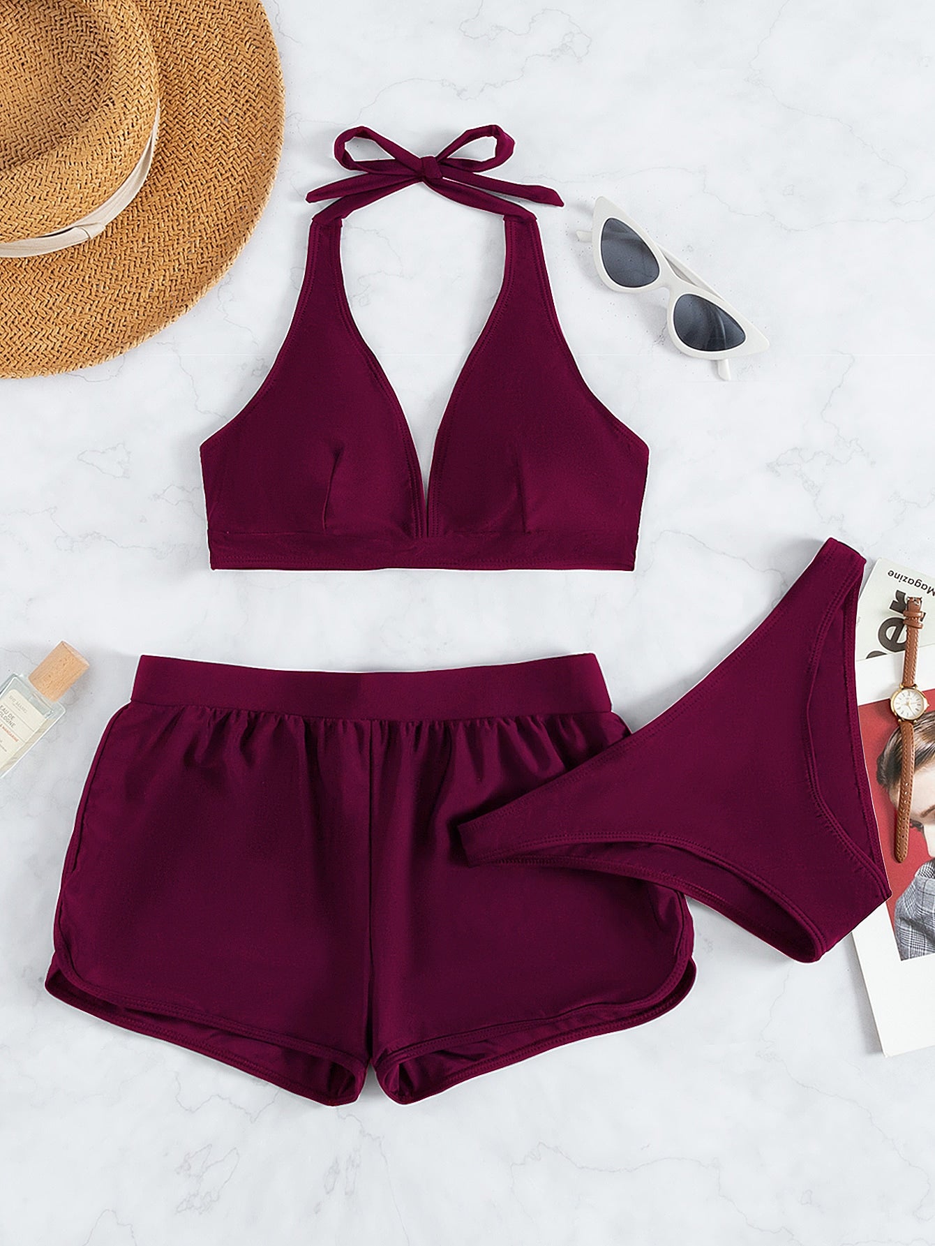 Solid Bikini Set Halter Bra &amp; Bikini Bottom &amp; Dolphin Shorts 3 Piece Bathing Suit S Red Violet