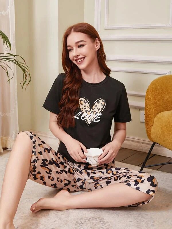 Letter &amp; Heart Print Tee &amp; Leopard Print Pants PJ Set