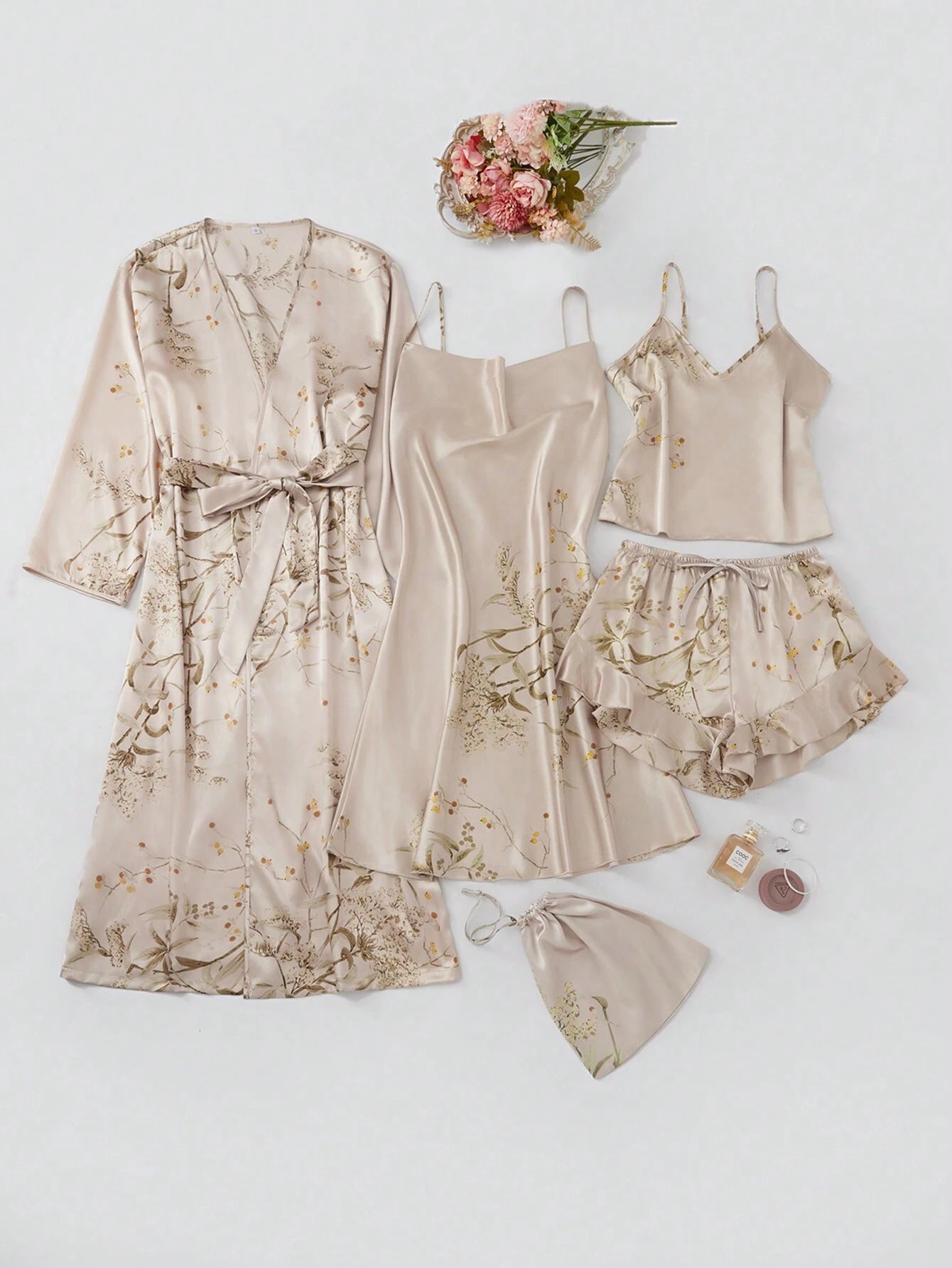 LuxeNights 5pcs/Set Silk-Like Flower Print Camisole Top &amp; Shorts &amp; Dress &amp; Robe &amp; Storage Bag Champagne